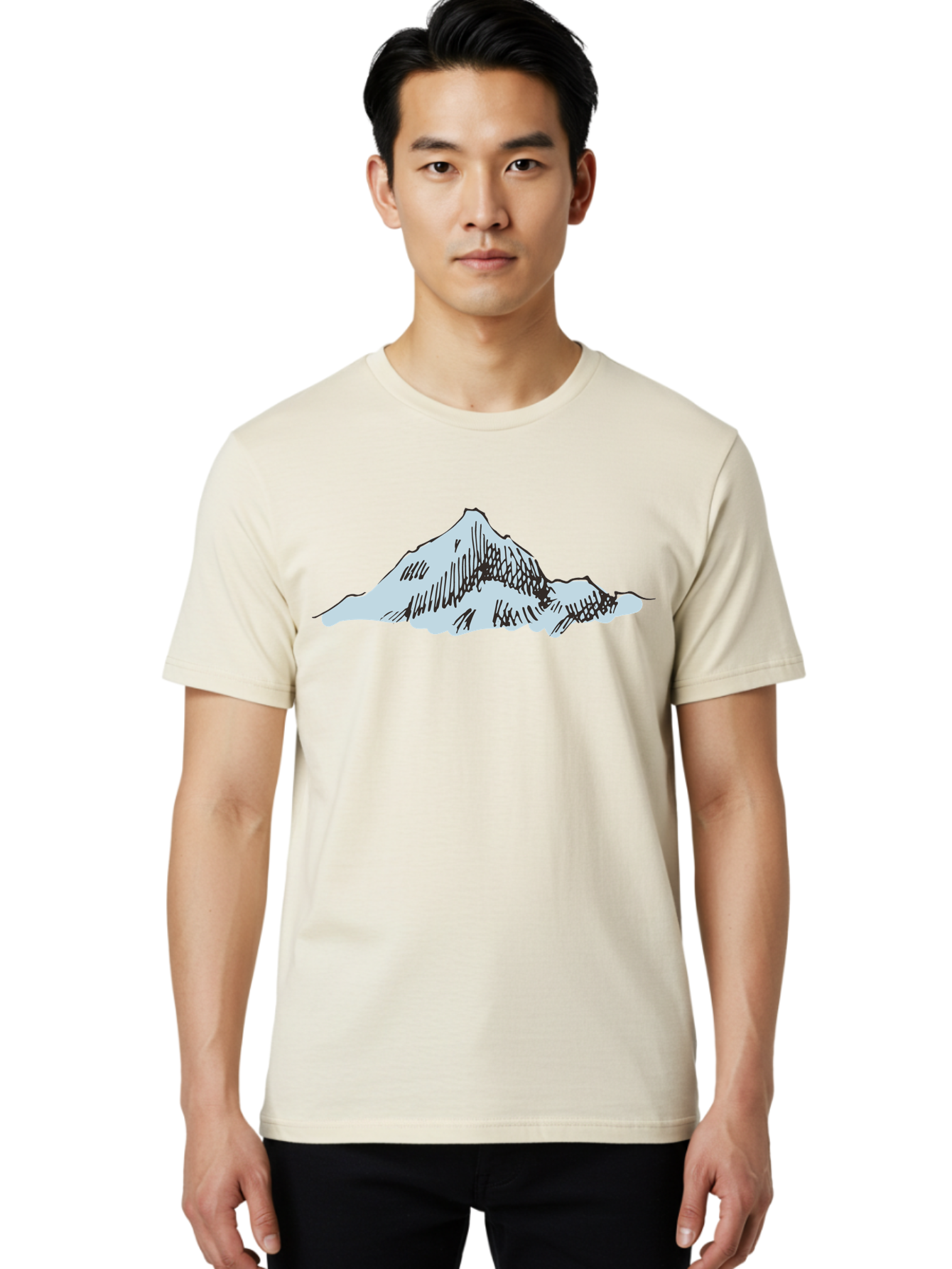 Mountain-Landscape Men'S Graphic Tee, 100% Cotton, Comfortable Casual Summer Wear, Machine Washable, Cartoon Mountain, Sketch Art, Black Lines, Simple Design, Minimalist Style, White Mountain Peak, Abstract Landscape, Illustration Aaa999
