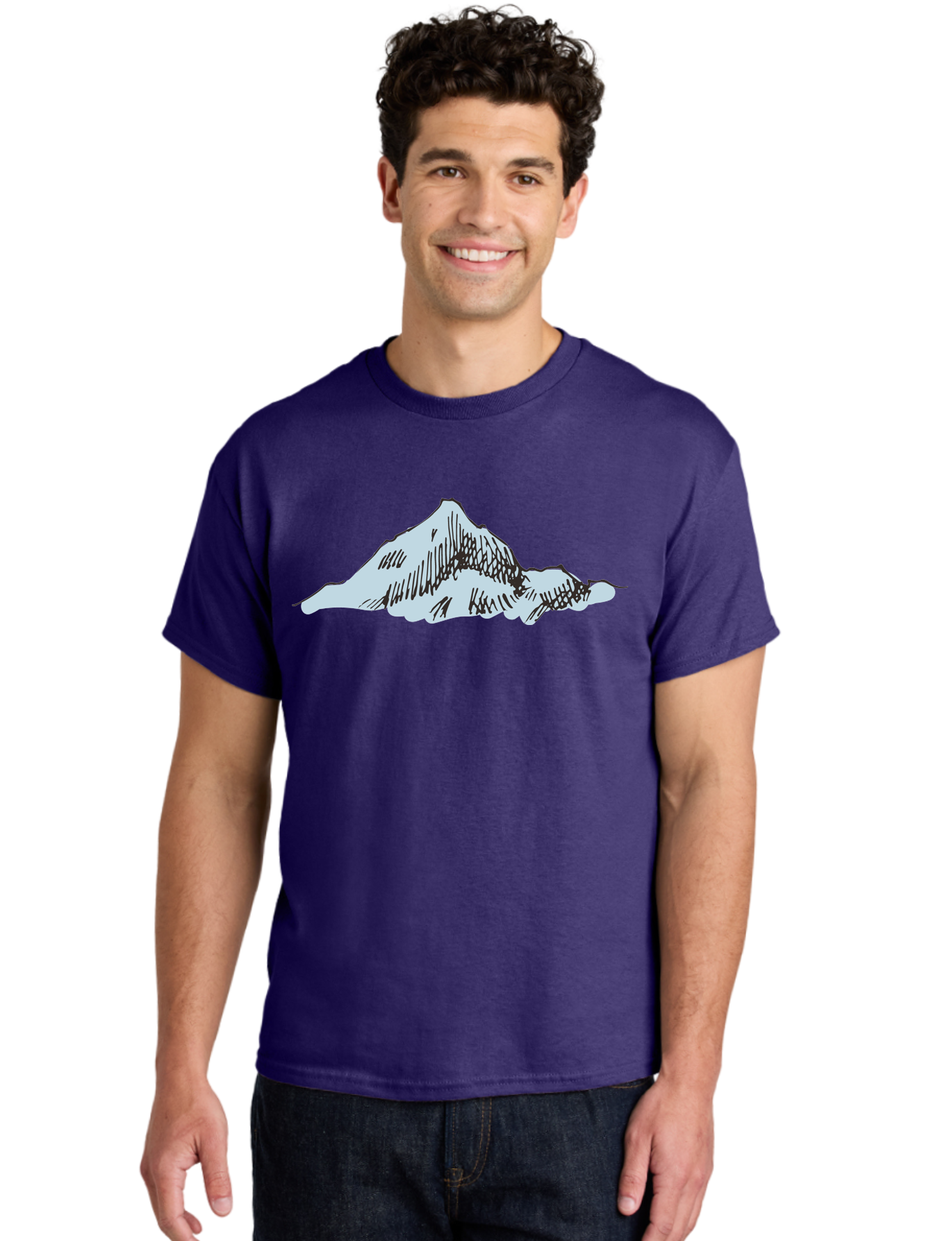 Mountain-Landscape Men'S Graphic Tee, 100% Cotton, Comfortable Casual Summer Wear, Machine Washable, Cartoon Mountain, Sketch Art, Black Lines, Simple Design, Minimalist Style, White Mountain Peak, Abstract Landscape, Illustration Aaa999