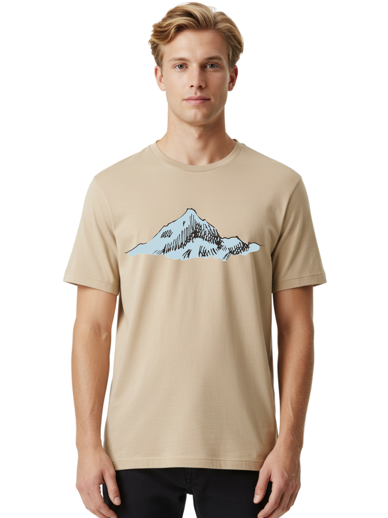 Mountain-Landscape Men'S Graphic Tee, 100% Cotton, Comfortable Casual Summer Wear, Machine Washable, Cartoon Mountain, Sketch Art, Black Lines, Simple Design, Minimalist Style, White Mountain Peak, Abstract Landscape, Illustration Aaa999