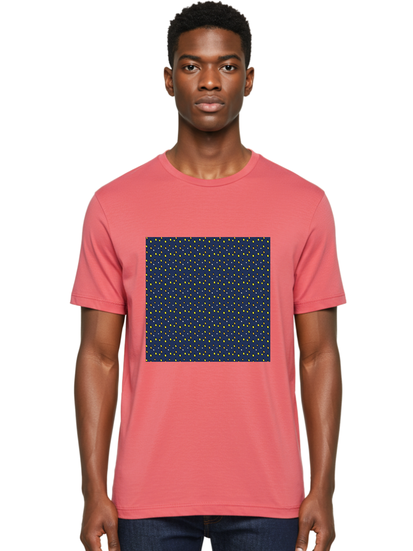Navy-Blue-Dots Men'S Graphic Tee, 100% Cotton, Comfortable Casual Summer Wear, Machine Washable, Navy Blue Background, Yellow Diamonds, White Accents, Geometric Pattern, Abstract Design, Repeating Motif, Minimalist Style, Wallpaper Texture Aab003