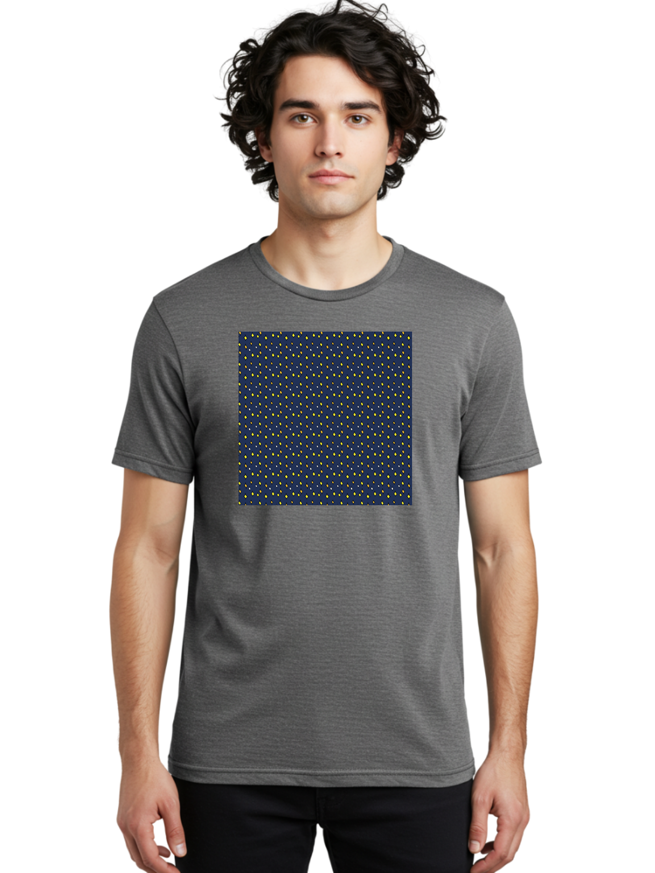 Navy-Blue-Dots Men'S Graphic Tee, 100% Cotton, Comfortable Casual Summer Wear, Machine Washable, Navy Blue Background, Yellow Diamonds, White Accents, Geometric Pattern, Abstract Design, Repeating Motif, Minimalist Style, Wallpaper Texture Aab003