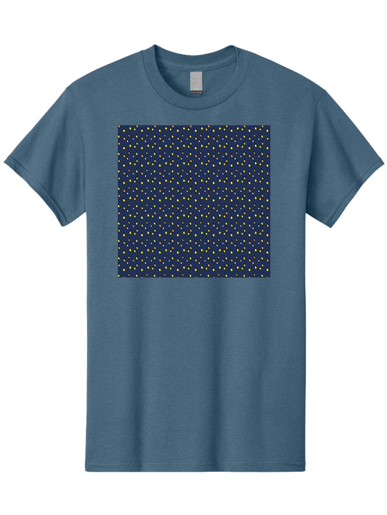 Navy-Blue-Dots Men'S Graphic Tee, 100% Cotton, Comfortable Casual Summer Wear, Machine Washable, Navy Blue Background, Yellow Diamonds, White Accents, Geometric Pattern, Abstract Design, Repeating Motif, Minimalist Style, Wallpaper Texture Aab003
