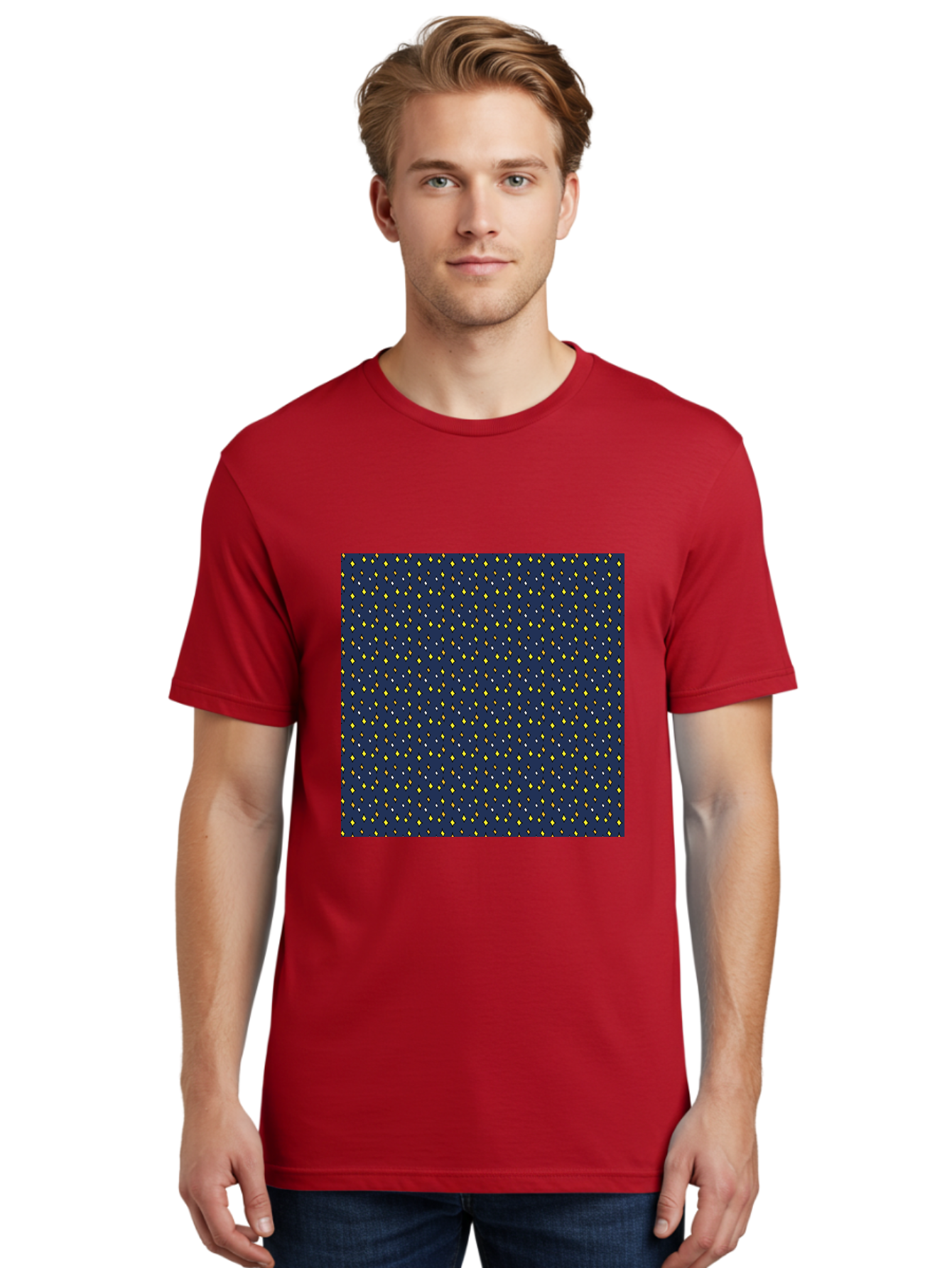 Navy-Blue-Dots Men'S Graphic Tee, 100% Cotton, Comfortable Casual Summer Wear, Machine Washable, Navy Blue Background, Yellow Diamonds, White Accents, Geometric Pattern, Abstract Design, Repeating Motif, Minimalist Style, Wallpaper Texture Aab003