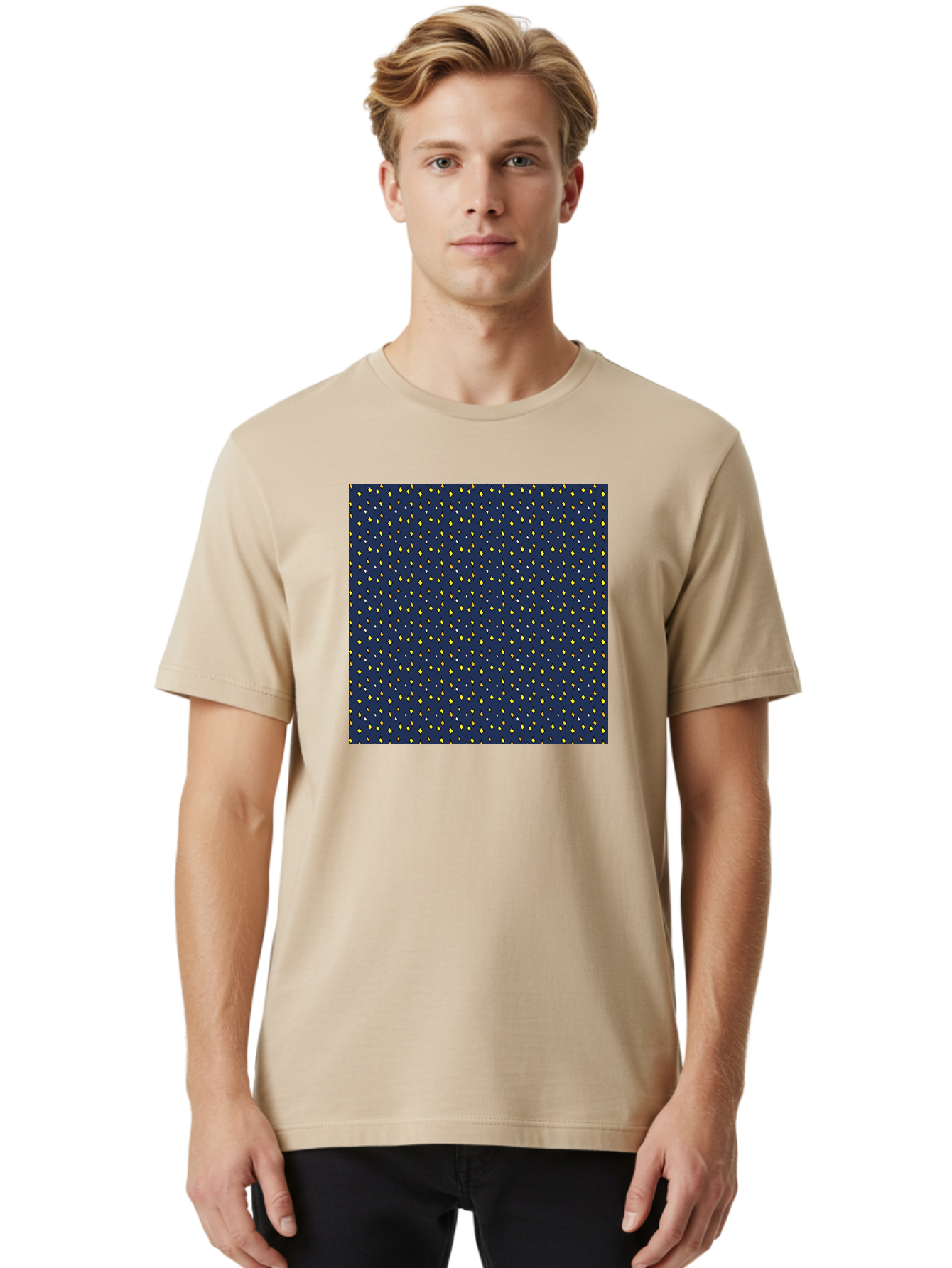 Navy-Blue-Dots Men'S Graphic Tee, 100% Cotton, Comfortable Casual Summer Wear, Machine Washable, Navy Blue Background, Yellow Diamonds, White Accents, Geometric Pattern, Abstract Design, Repeating Motif, Minimalist Style, Wallpaper Texture Aab003