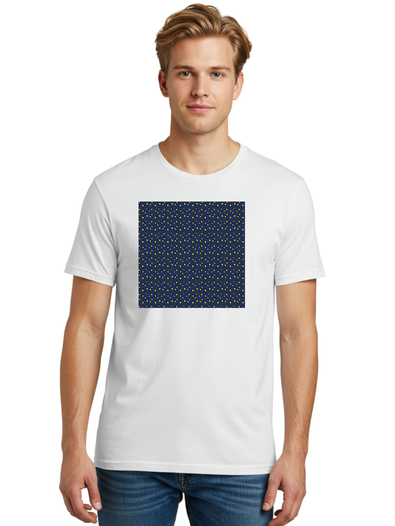 Navy-Blue-Dots Men'S Graphic Tee, 100% Cotton, Comfortable Casual Summer Wear, Machine Washable, Navy Blue Background, Yellow Diamonds, White Accents, Geometric Pattern, Abstract Design, Repeating Motif, Minimalist Style, Wallpaper Texture Aab003