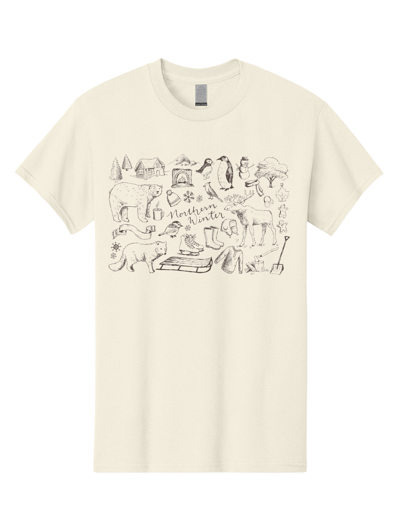 Northern-Winter Men'S Graphic Tee, 100% Cotton, Comfortable Casual Summer Wear, Machine Washable, Winter Scene, Northern Wildlife, Polar Bears, Penguins, Deer, Snowflakes, Cozy Cabin, Fireplace, Warm Clothing, Winter Boots, Snowy Trees, Aab014