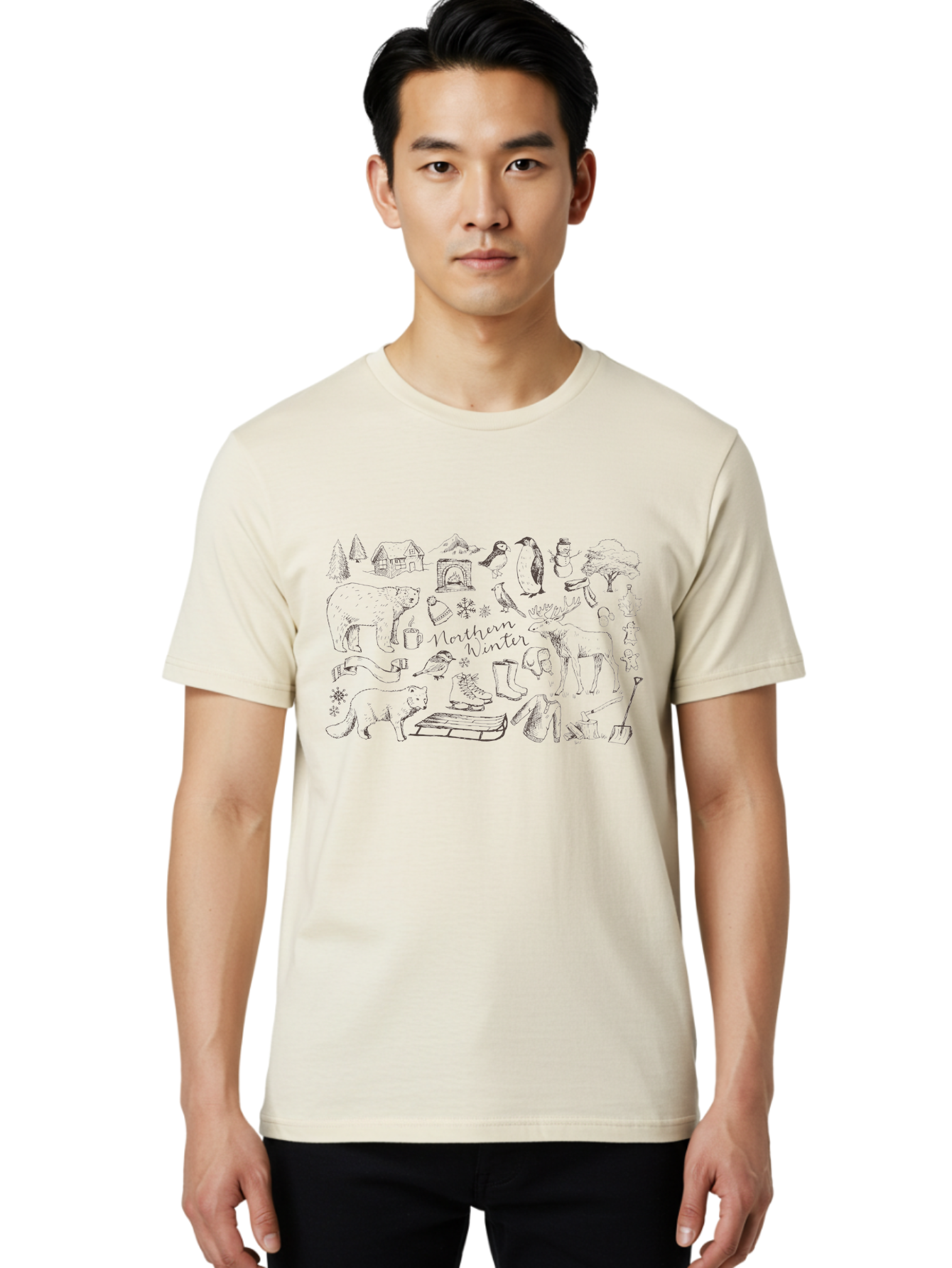 Northern-Winter Men'S Graphic Tee, 100% Cotton, Comfortable Casual Summer Wear, Machine Washable, Winter Scene, Northern Wildlife, Polar Bears, Penguins, Deer, Snowflakes, Cozy Cabin, Fireplace, Warm Clothing, Winter Boots, Snowy Trees, Aab014