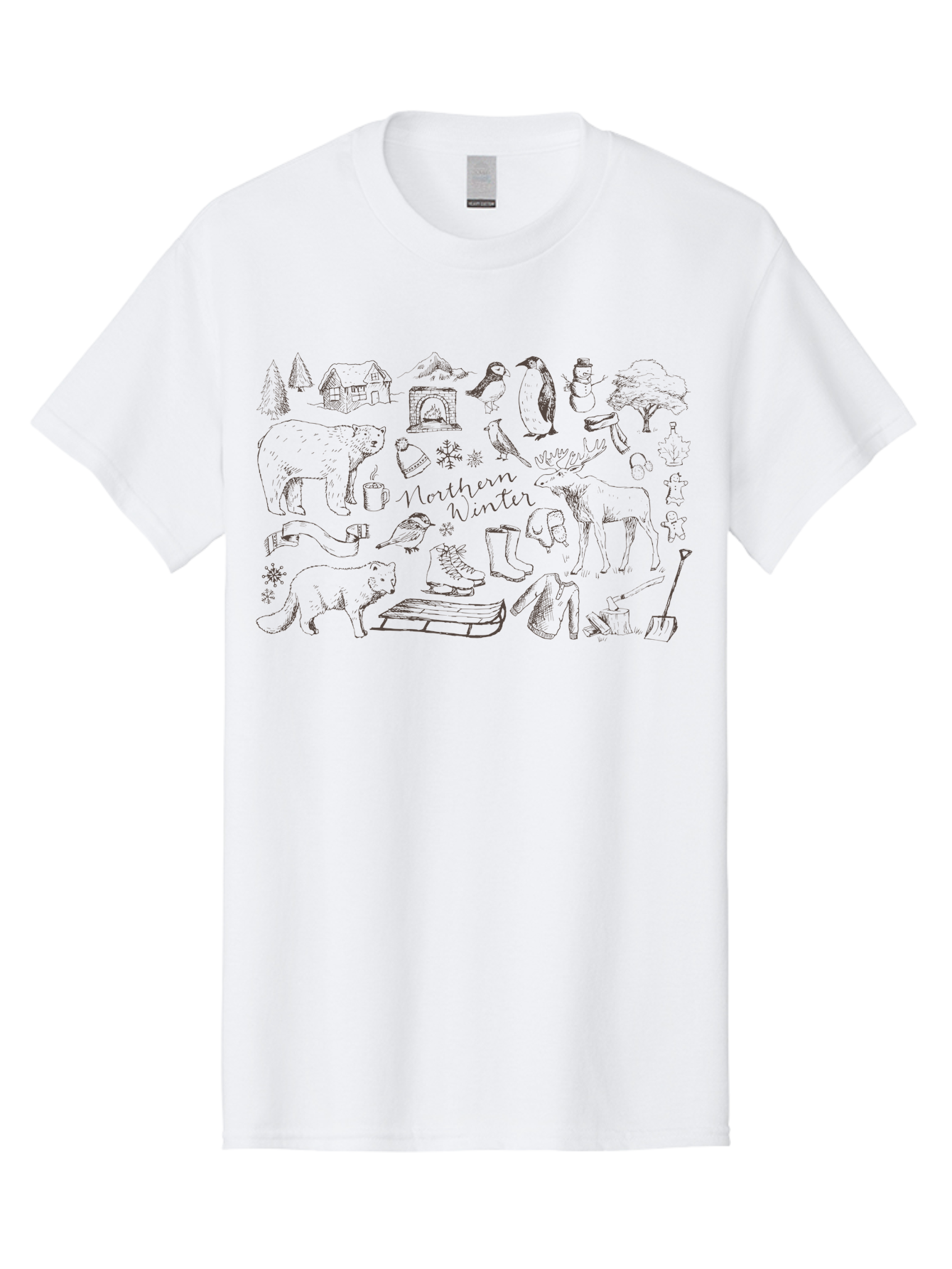 Northern-Winter Men'S Graphic Tee, 100% Cotton, Comfortable Casual Summer Wear, Machine Washable, Winter Scene, Northern Wildlife, Polar Bears, Penguins, Deer, Snowflakes, Cozy Cabin, Fireplace, Warm Clothing, Winter Boots, Snowy Trees, Aab014