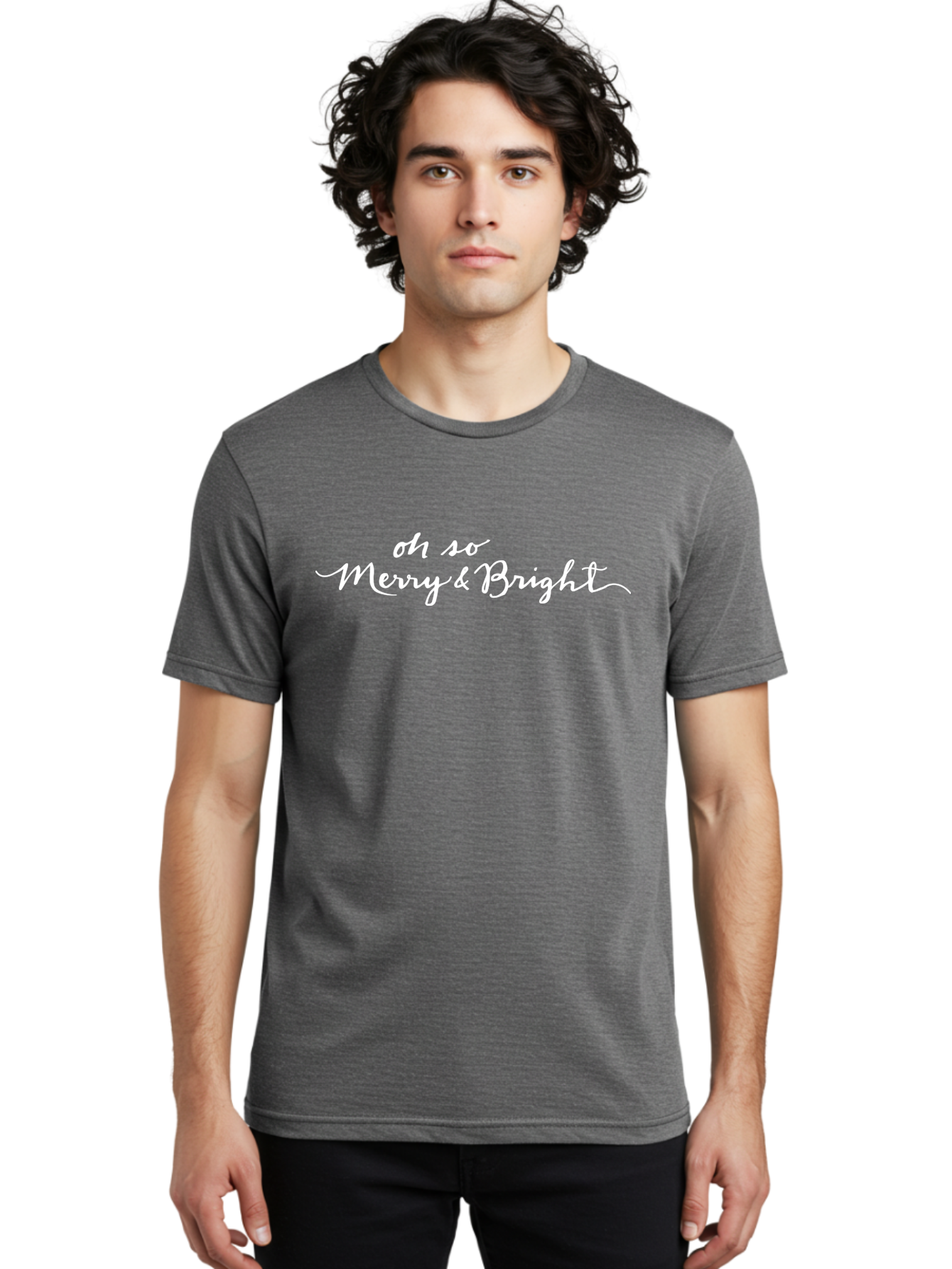 Oh-So-Merry-Bright Men'S Graphic Tee, 100% Cotton, Comfortable Casual Summer Wear, Machine Washable, Christmas Greeting, Holiday Card, Festive Wishes, Merry Christmas, Joyful Holiday, Season'S Greetings, White Cursive Text Aab017