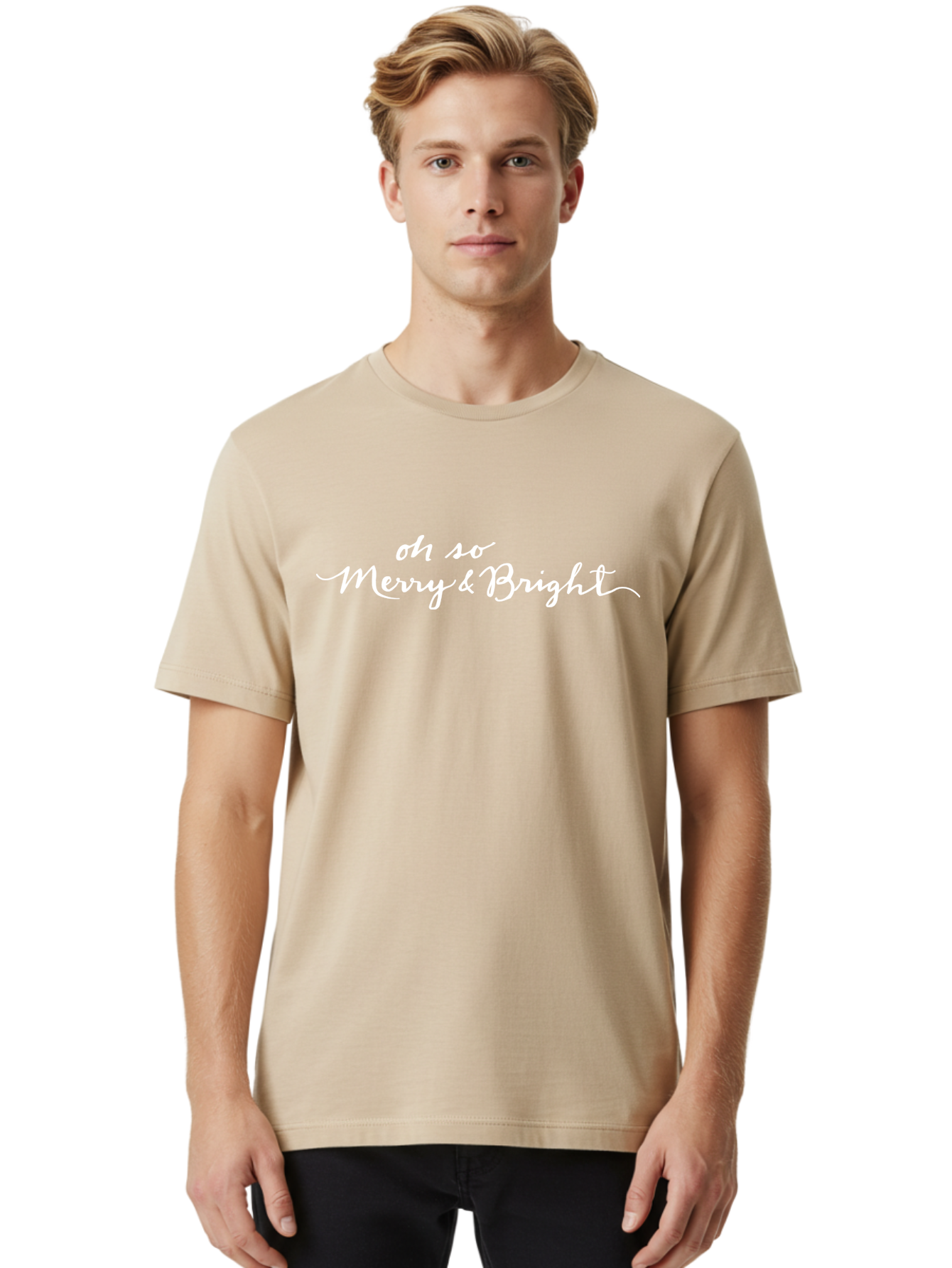 Oh-So-Merry-Bright Men'S Graphic Tee, 100% Cotton, Comfortable Casual Summer Wear, Machine Washable, Christmas Greeting, Holiday Card, Festive Wishes, Merry Christmas, Joyful Holiday, Season'S Greetings, White Cursive Text Aab017