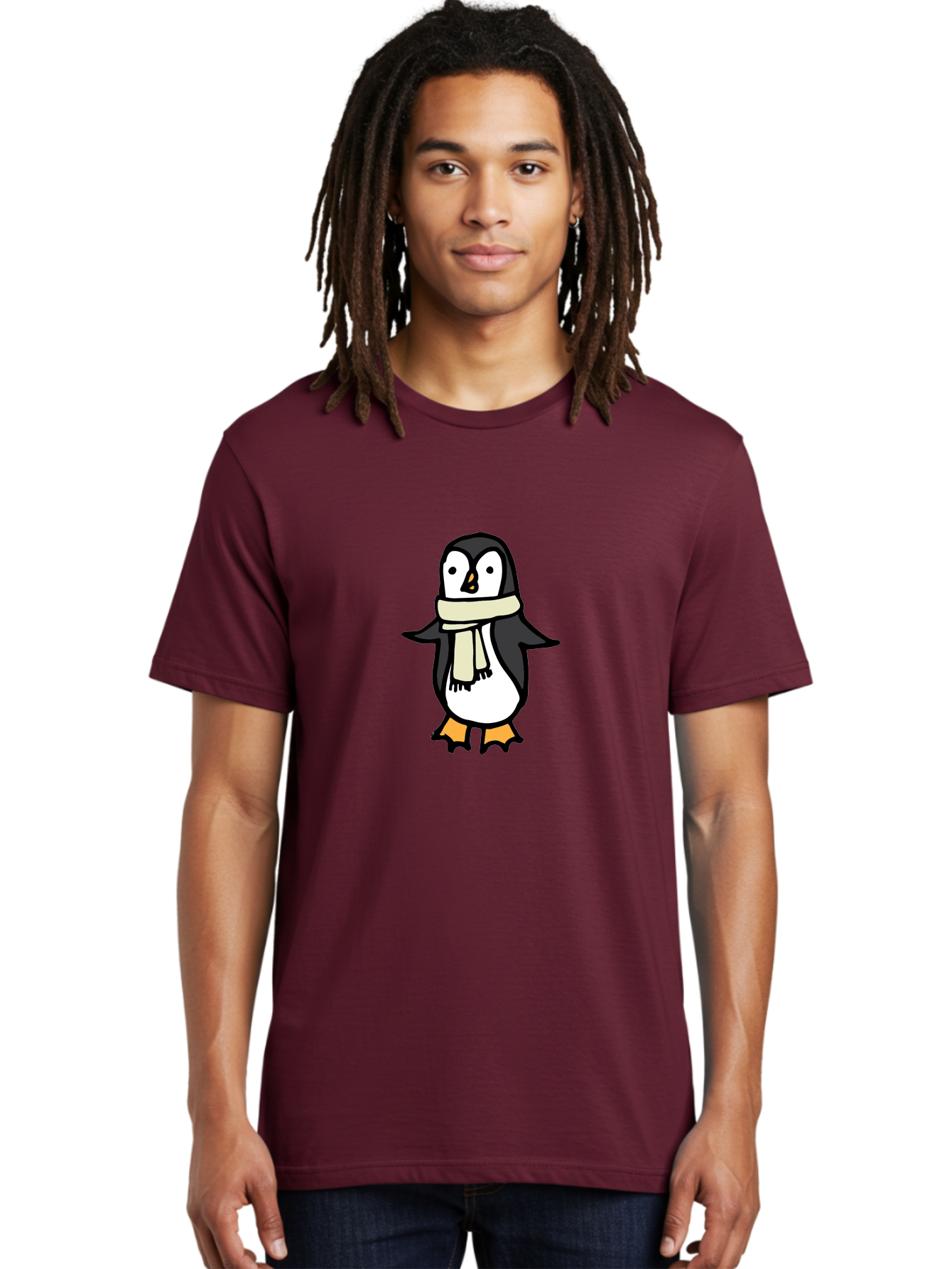 Penguin-With-Scarf Men'S Graphic Tee, 100% Cotton, Comfortable Casual Summer Wear, Machine Washable, Cartoon Penguin, Winter Fashion, Scarf Style, Cold Weather, Adorable Creature, Illustration Art, Cute Design, Tuxedo Bird, Animal Drawing Aab032