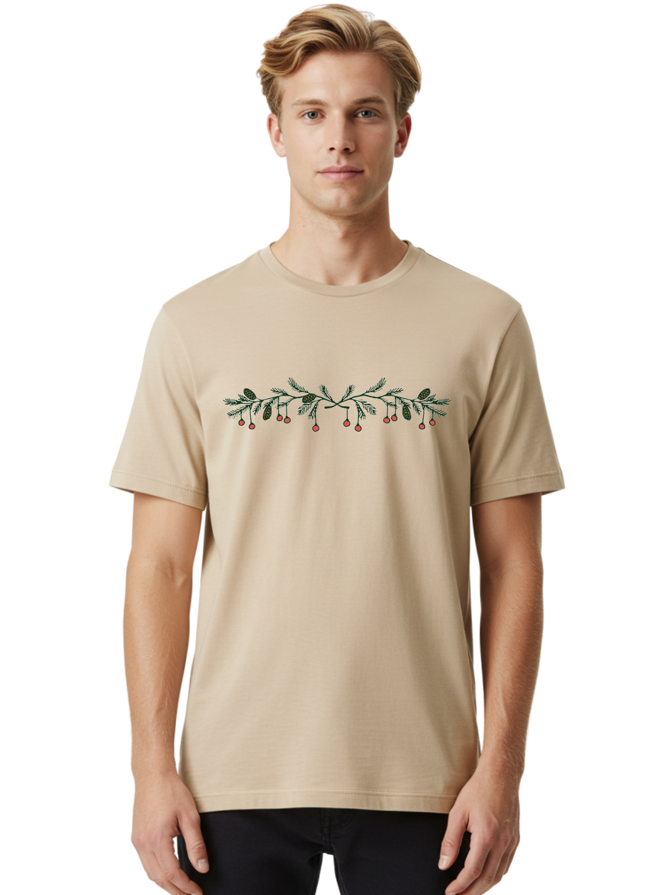 Pine-Branch-With-Berries Men'S Graphic Tee, 100% Cotton, Comfortable Casual Summer Wear, Machine Washable, Pine Branch, Pine Cones, Red Berries, Festive Decorations, Christmas Theme, Holiday Decor, Winter Elements, Seasonal Design Aab036