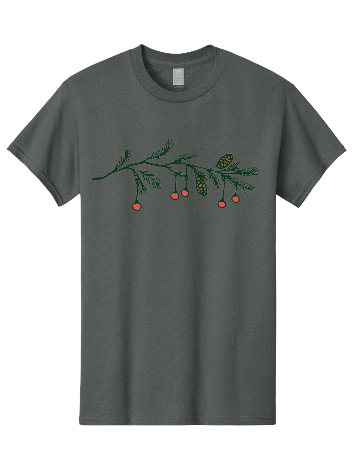 Pine-Branch Men'S Graphic Tee, 100% Cotton, Comfortable Casual Summer Wear, Machine Washable, Pine Branch, Red Berries, Pine Cones, Festive Decor, Holiday Theme, Cartoon Style, Simple Design, Minimalist Art Aab037