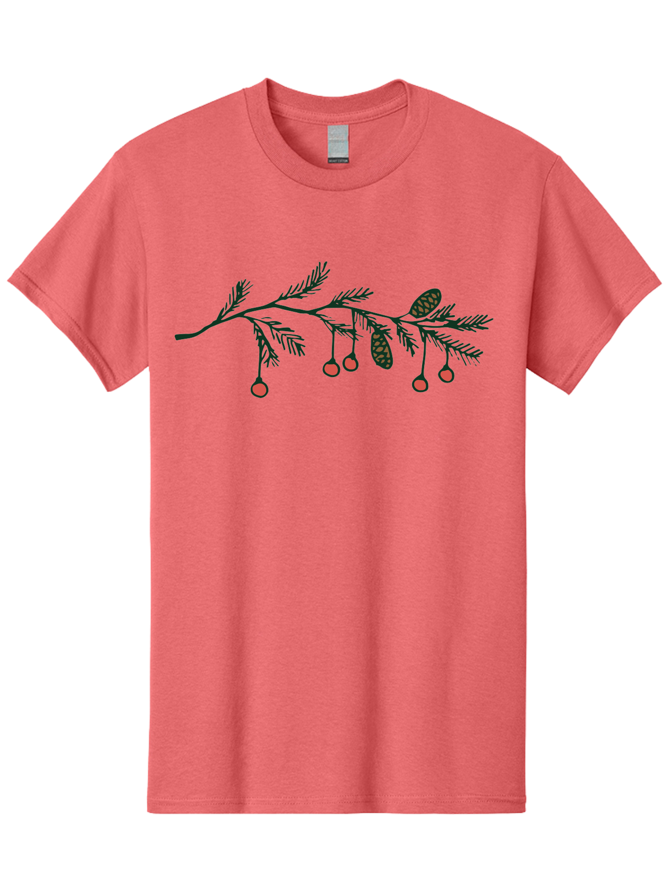 Pine-Branch Men'S Graphic Tee, 100% Cotton, Comfortable Casual Summer Wear, Machine Washable, Pine Branch, Red Berries, Pine Cones, Festive Decor, Holiday Theme, Cartoon Style, Simple Design, Minimalist Art Aab037