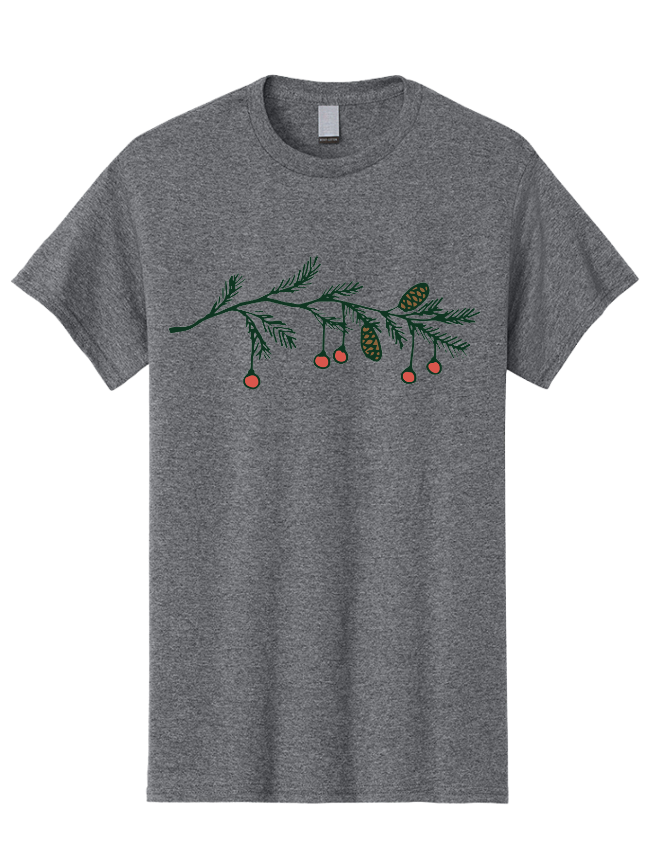 Pine-Branch Men'S Graphic Tee, 100% Cotton, Comfortable Casual Summer Wear, Machine Washable, Pine Branch, Red Berries, Pine Cones, Festive Decor, Holiday Theme, Cartoon Style, Simple Design, Minimalist Art Aab037