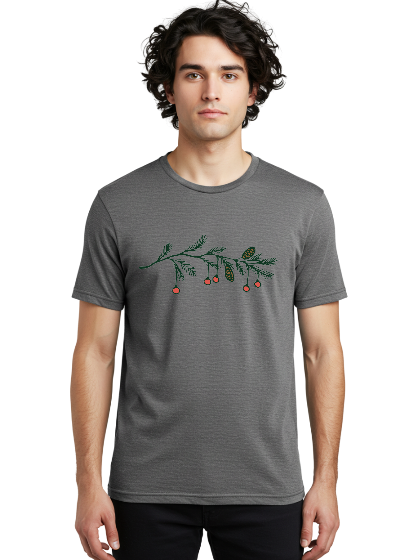 Pine-Branch Men'S Graphic Tee, 100% Cotton, Comfortable Casual Summer Wear, Machine Washable, Pine Branch, Red Berries, Pine Cones, Festive Decor, Holiday Theme, Cartoon Style, Simple Design, Minimalist Art Aab037