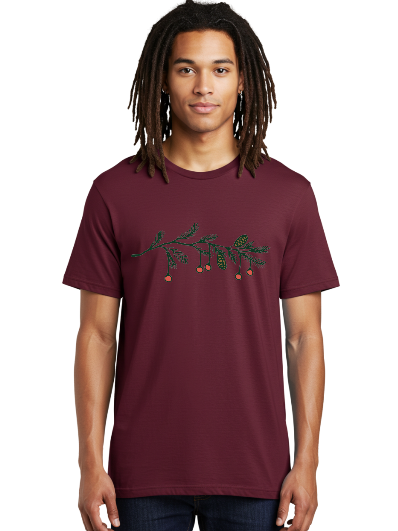 Pine-Branch Men'S Graphic Tee, 100% Cotton, Comfortable Casual Summer Wear, Machine Washable, Pine Branch, Red Berries, Pine Cones, Festive Decor, Holiday Theme, Cartoon Style, Simple Design, Minimalist Art Aab037