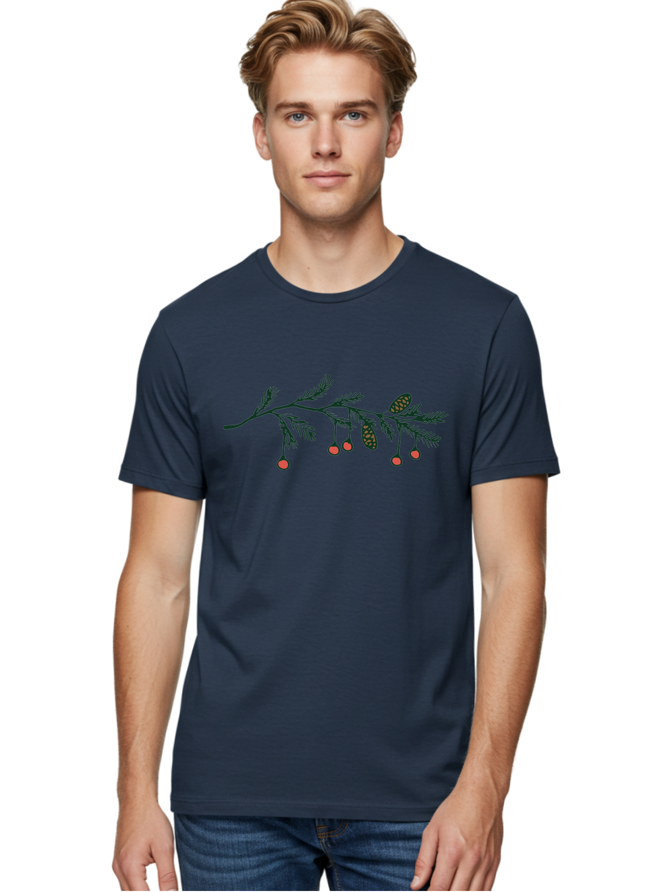 Pine-Branch Men'S Graphic Tee, 100% Cotton, Comfortable Casual Summer Wear, Machine Washable, Pine Branch, Red Berries, Pine Cones, Festive Decor, Holiday Theme, Cartoon Style, Simple Design, Minimalist Art Aab037