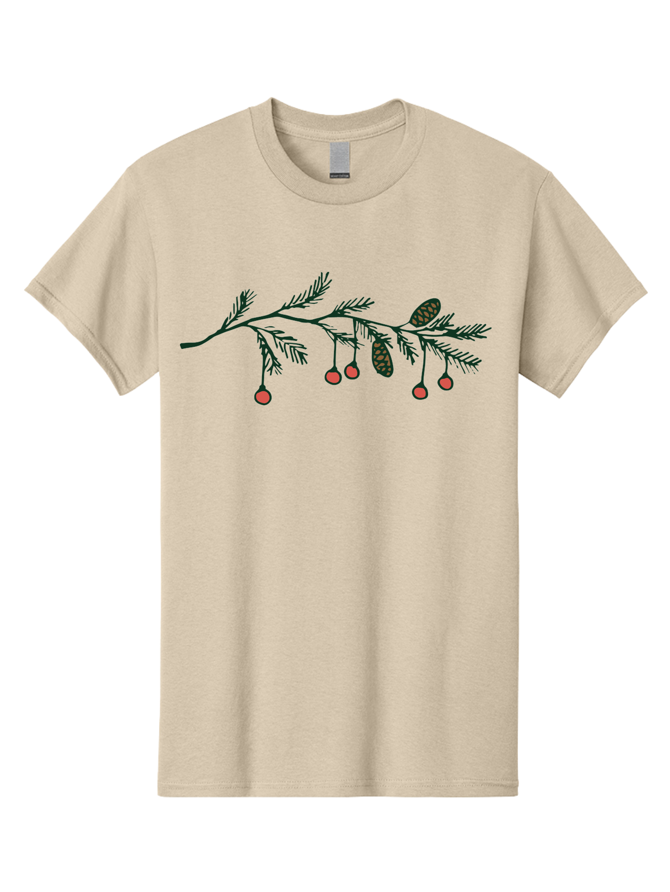 Pine-Branch Men'S Graphic Tee, 100% Cotton, Comfortable Casual Summer Wear, Machine Washable, Pine Branch, Red Berries, Pine Cones, Festive Decor, Holiday Theme, Cartoon Style, Simple Design, Minimalist Art Aab037