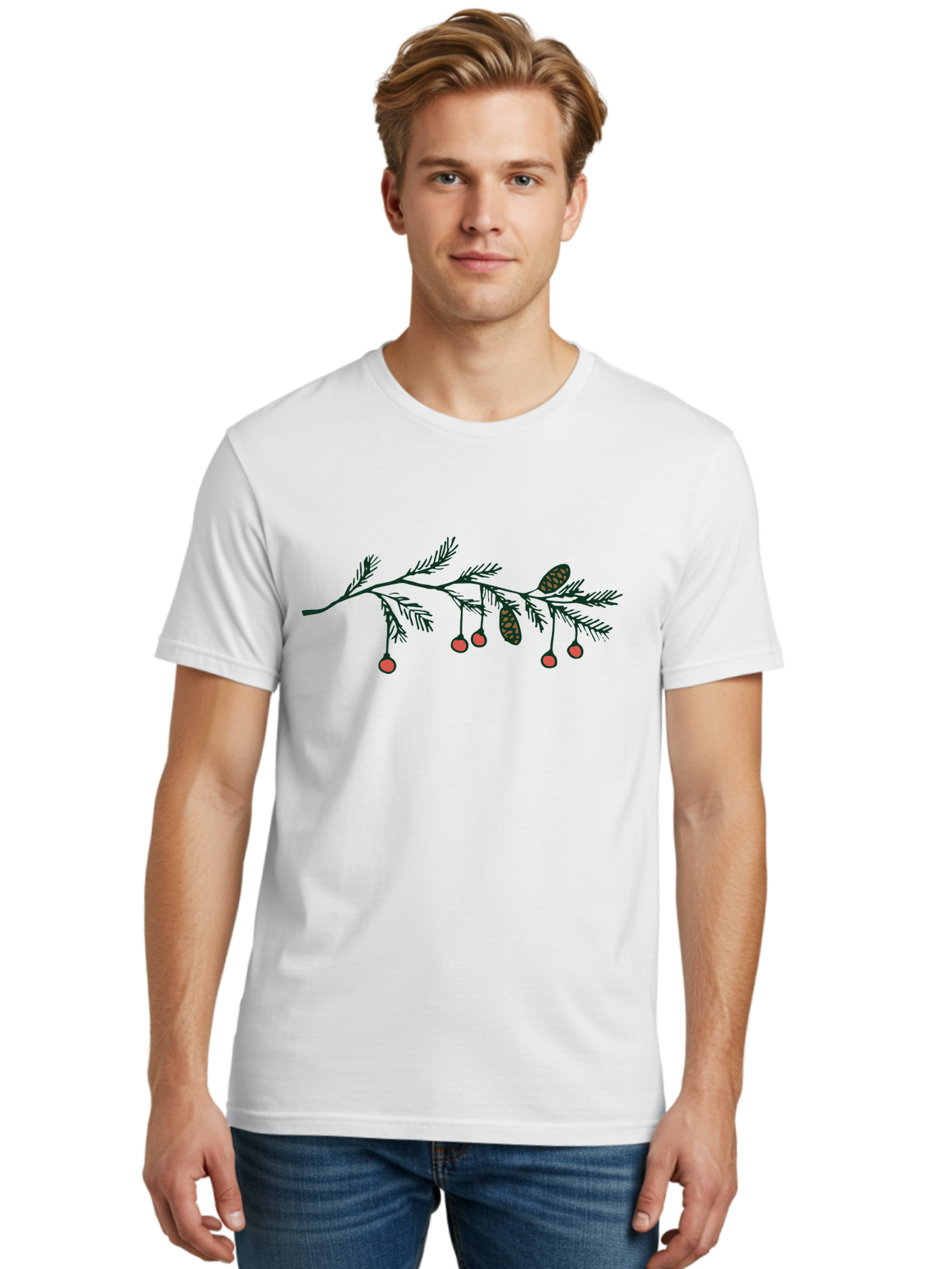 Pine-Branch Men'S Graphic Tee, 100% Cotton, Comfortable Casual Summer Wear, Machine Washable, Pine Branch, Red Berries, Pine Cones, Festive Decor, Holiday Theme, Cartoon Style, Simple Design, Minimalist Art Aab037