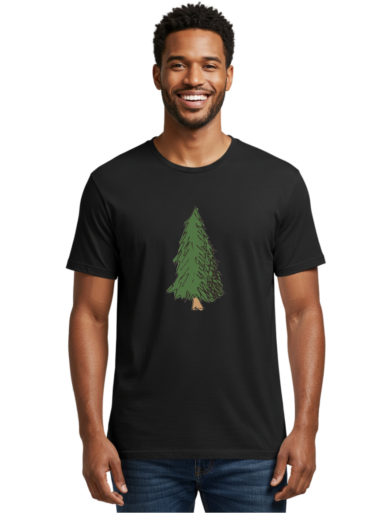 Pine-Tree-2 Men'S Graphic Tee, 100% Cotton, Comfortable Casual Summer Wear, Machine Washable, Evergreen Tree, Pine Tree, Cartoon Illustration, Simple Drawing, Green Foliage, Tree Trunk, Forest Art, Digital Graphics Aab041