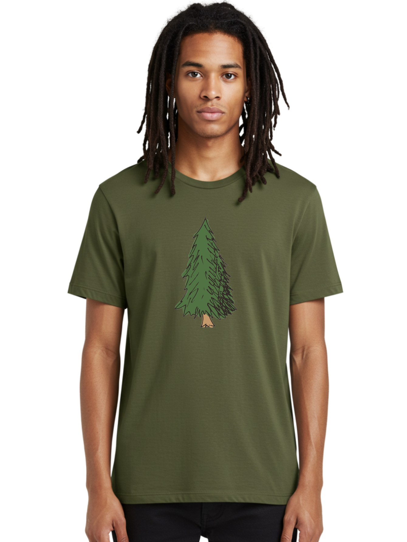 Pine-Tree-2 Men'S Graphic Tee, 100% Cotton, Comfortable Casual Summer Wear, Machine Washable, Evergreen Tree, Pine Tree, Cartoon Illustration, Simple Drawing, Green Foliage, Tree Trunk, Forest Art, Digital Graphics Aab041