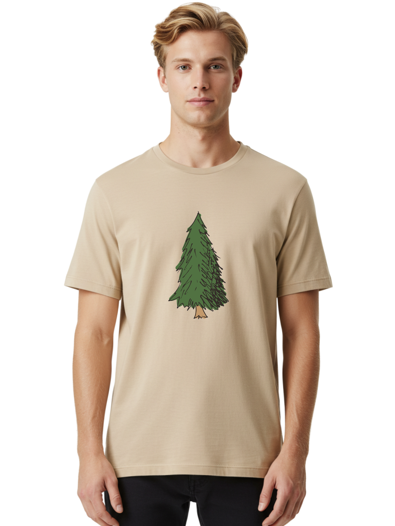 Pine-Tree-2 Men'S Graphic Tee, 100% Cotton, Comfortable Casual Summer Wear, Machine Washable, Evergreen Tree, Pine Tree, Cartoon Illustration, Simple Drawing, Green Foliage, Tree Trunk, Forest Art, Digital Graphics Aab041