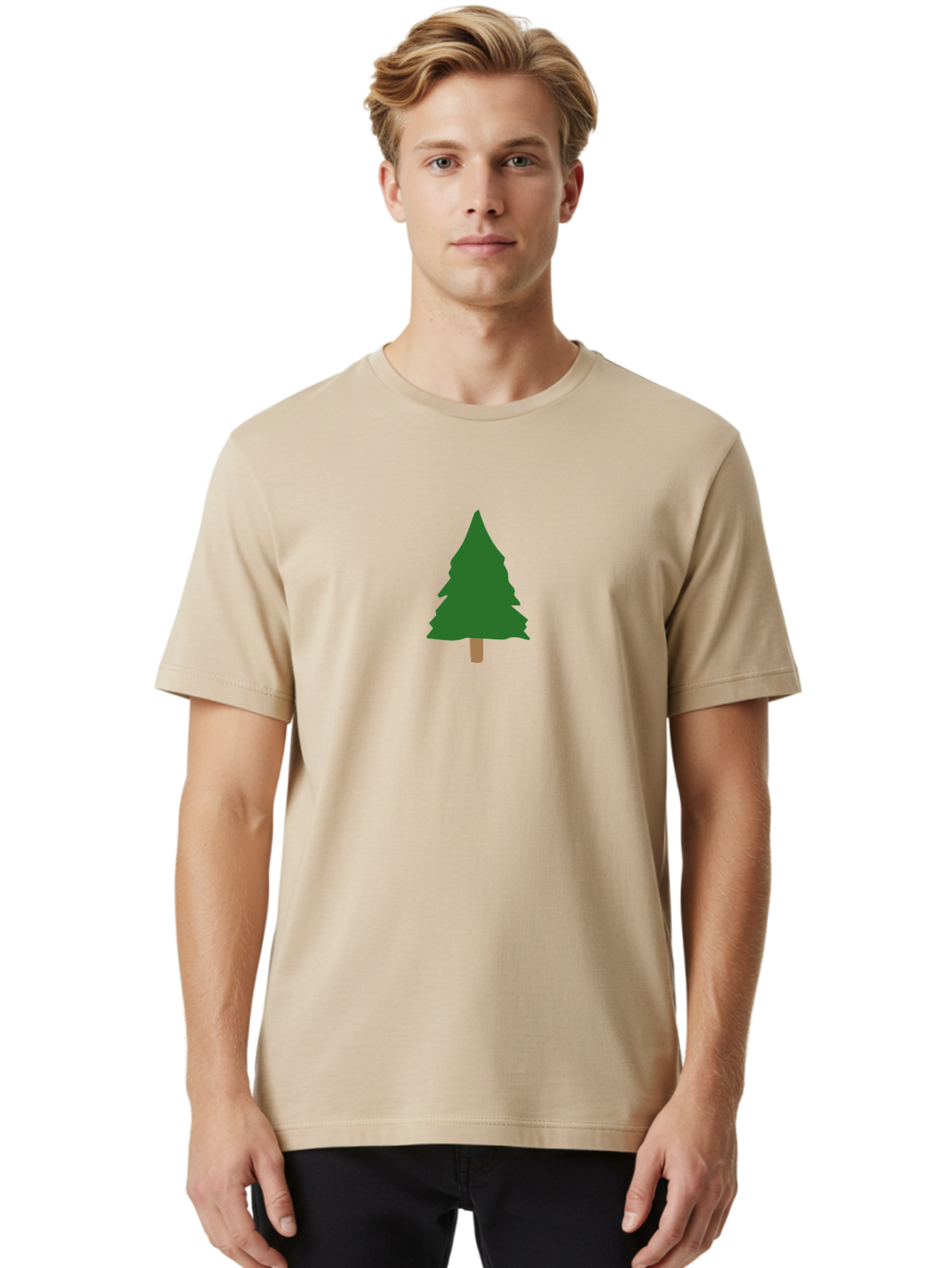 Pine-Tree-3 Men'S Graphic Tee, 100% Cotton, Comfortable Casual Summer Wear, Machine Washable, Simple Pine Tree, Cartoon Style, Evergreen Tree, Conical Shape, Brown Trunk, Digital Art, Minimalist Design Aab042