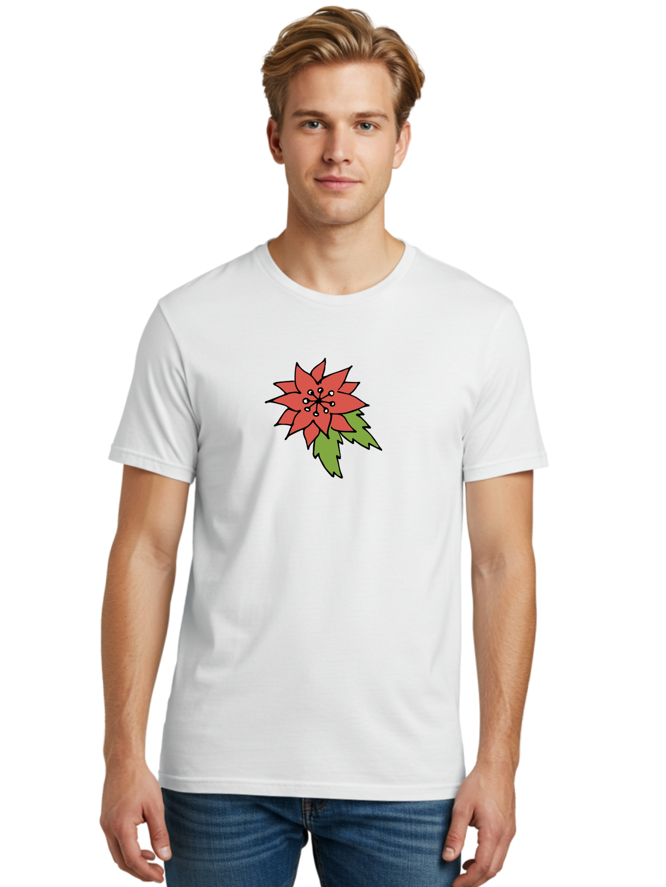 red poinsettia flower, festive holiday decor, Christmas plant, symbolic blooms, vibrant red petals, green leaves, winter flowers, seasonal decoration