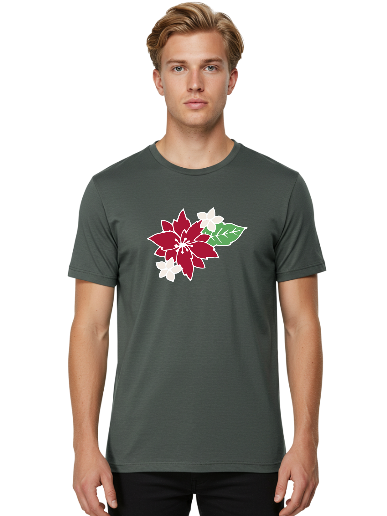 Poinsettia-3 Men'S Graphic Tee, 100% Cotton, Comfortable Casual Summer Wear, Machine Washable, Poinsettia Flowers, Red And White Blooms, Festive Holiday Decor, Christmas Flowers, Floral Arrangements, Winter Flowers Aab048