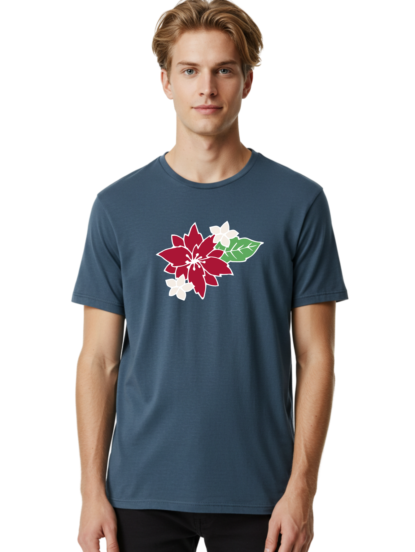 Poinsettia-3 Men'S Graphic Tee, 100% Cotton, Comfortable Casual Summer Wear, Machine Washable, Poinsettia Flowers, Red And White Blooms, Festive Holiday Decor, Christmas Flowers, Floral Arrangements, Winter Flowers Aab048