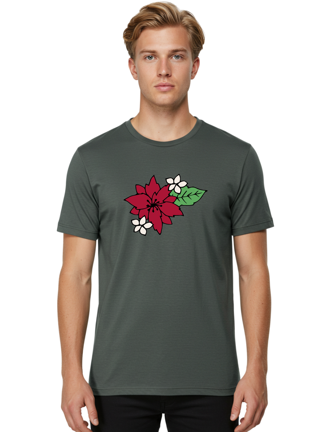 Poinsettia-Flower Men'S Graphic Tee, 100% Cotton, Comfortable Casual Summer Wear, Machine Washable, Red Poinsettia, White Flowers, Green Leaves, Festive Flowers, Holiday Decor, Christmas Plant, Winter Blooms, Floral Arrangement Aab049