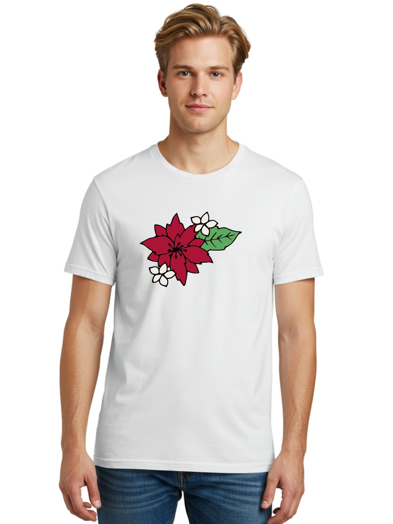 Poinsettia-Flower Men'S Graphic Tee, 100% Cotton, Comfortable Casual Summer Wear, Machine Washable, Red Poinsettia, White Flowers, Green Leaves, Festive Flowers, Holiday Decor, Christmas Plant, Winter Blooms, Floral Arrangement Aab049