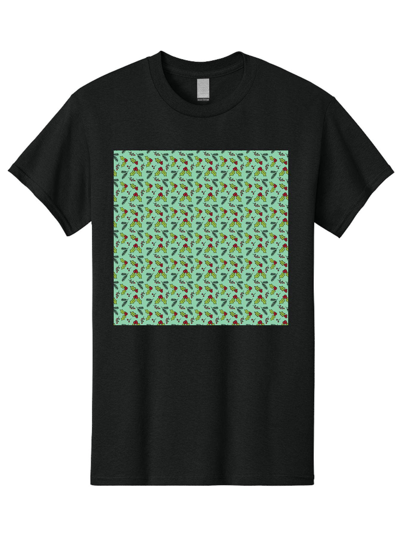 Poinsettia-Pattern Men'S Graphic Tee, 100% Cotton, Comfortable Casual Summer Wear, Machine Washable, Holly Leaves, Red Berries, Festive Design, Holiday Pattern, Seamless Texture, Green Leaves, Christmas Decor, Winter Theme, Joyful Atmosphere Aab050