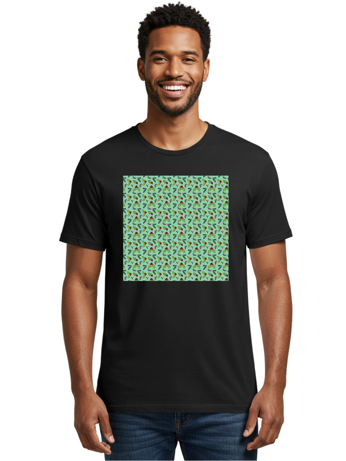 Poinsettia-Pattern Men'S Graphic Tee, 100% Cotton, Comfortable Casual Summer Wear, Machine Washable, Holly Leaves, Red Berries, Festive Design, Holiday Pattern, Seamless Texture, Green Leaves, Christmas Decor, Winter Theme, Joyful Atmosphere Aab050