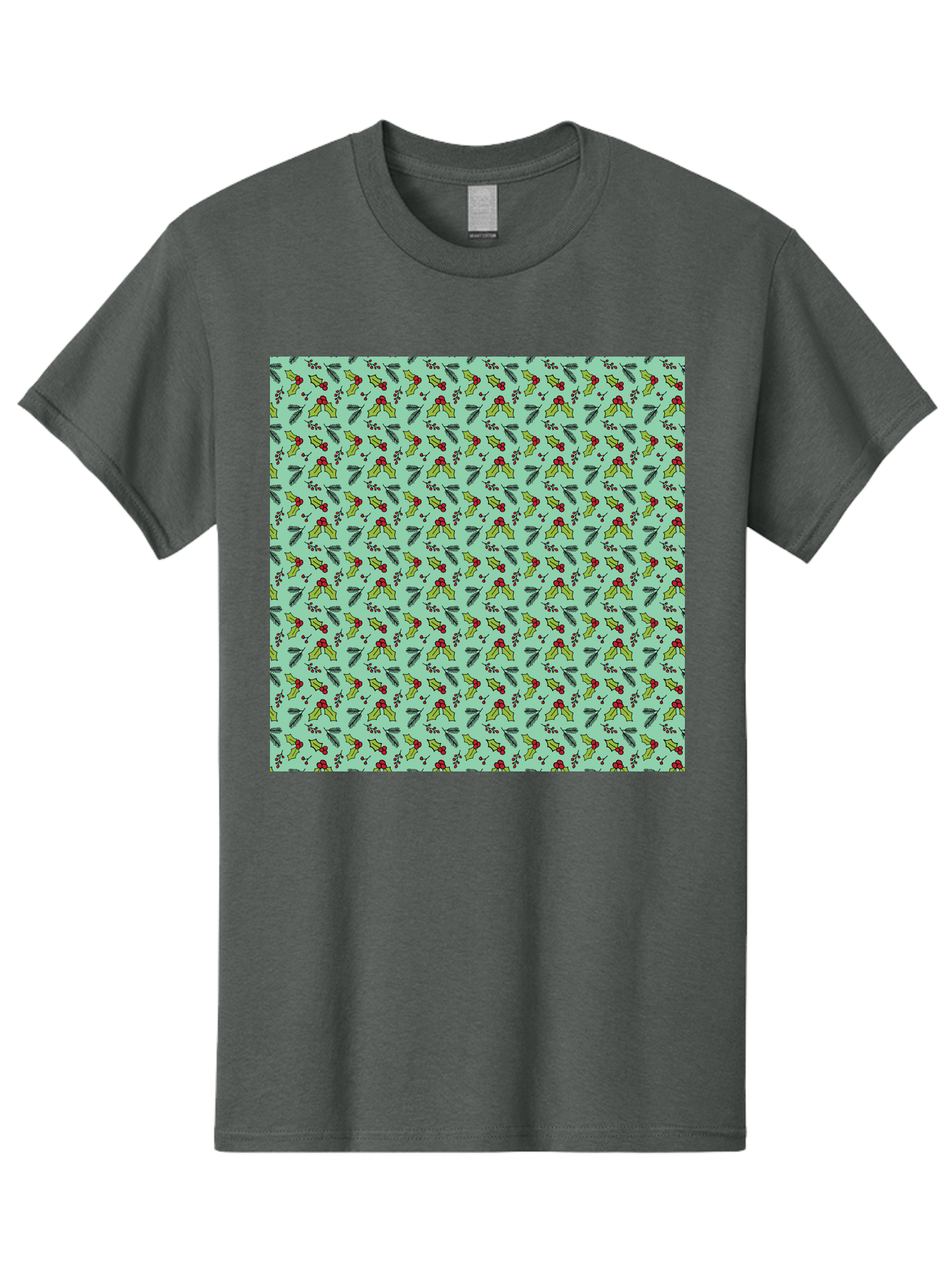 Poinsettia-Pattern Men'S Graphic Tee, 100% Cotton, Comfortable Casual Summer Wear, Machine Washable, Holly Leaves, Red Berries, Festive Design, Holiday Pattern, Seamless Texture, Green Leaves, Christmas Decor, Winter Theme, Joyful Atmosphere Aab050
