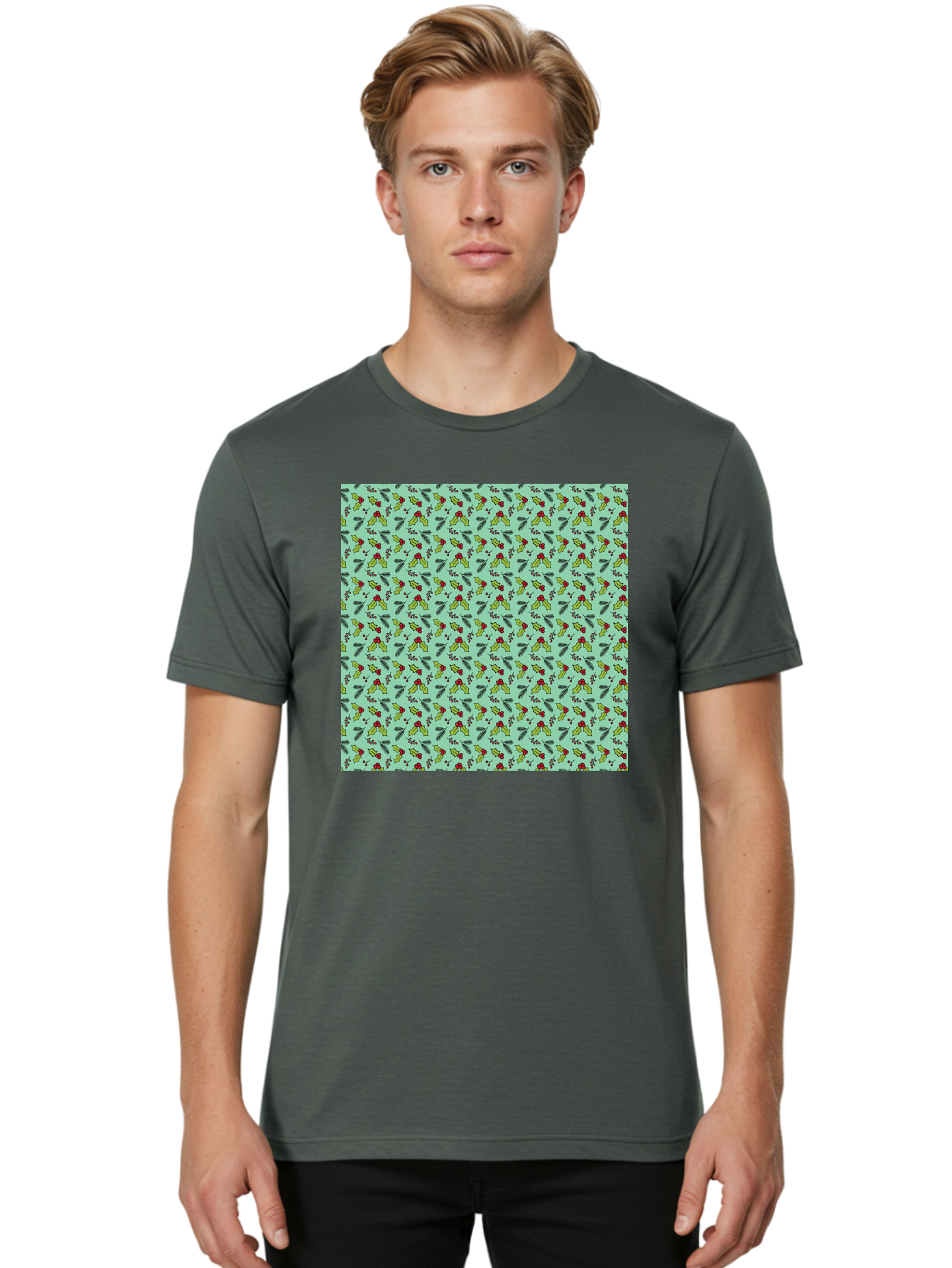 Poinsettia-Pattern Men'S Graphic Tee, 100% Cotton, Comfortable Casual Summer Wear, Machine Washable, Holly Leaves, Red Berries, Festive Design, Holiday Pattern, Seamless Texture, Green Leaves, Christmas Decor, Winter Theme, Joyful Atmosphere Aab050