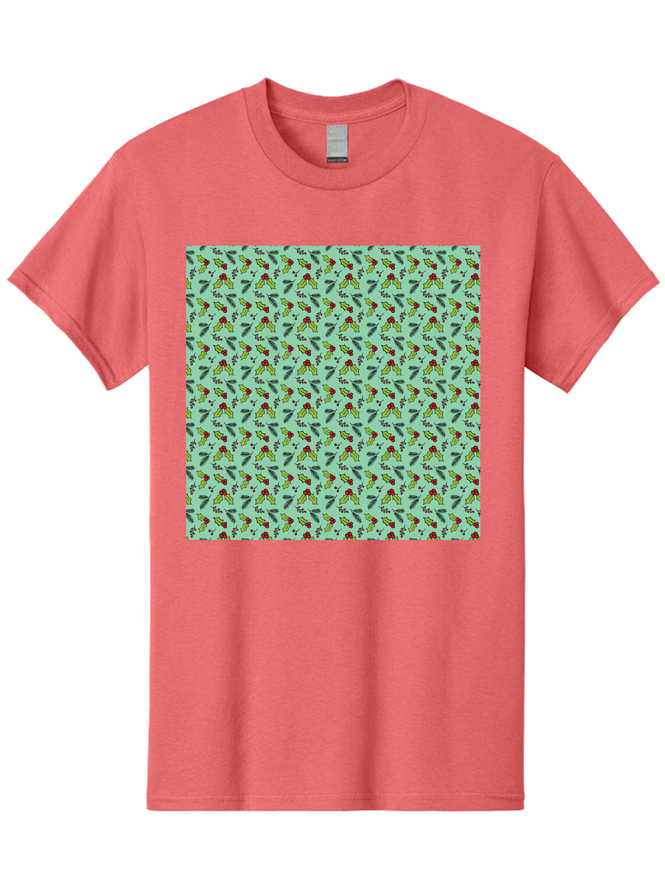 Poinsettia-Pattern Men'S Graphic Tee, 100% Cotton, Comfortable Casual Summer Wear, Machine Washable, Holly Leaves, Red Berries, Festive Design, Holiday Pattern, Seamless Texture, Green Leaves, Christmas Decor, Winter Theme, Joyful Atmosphere Aab050