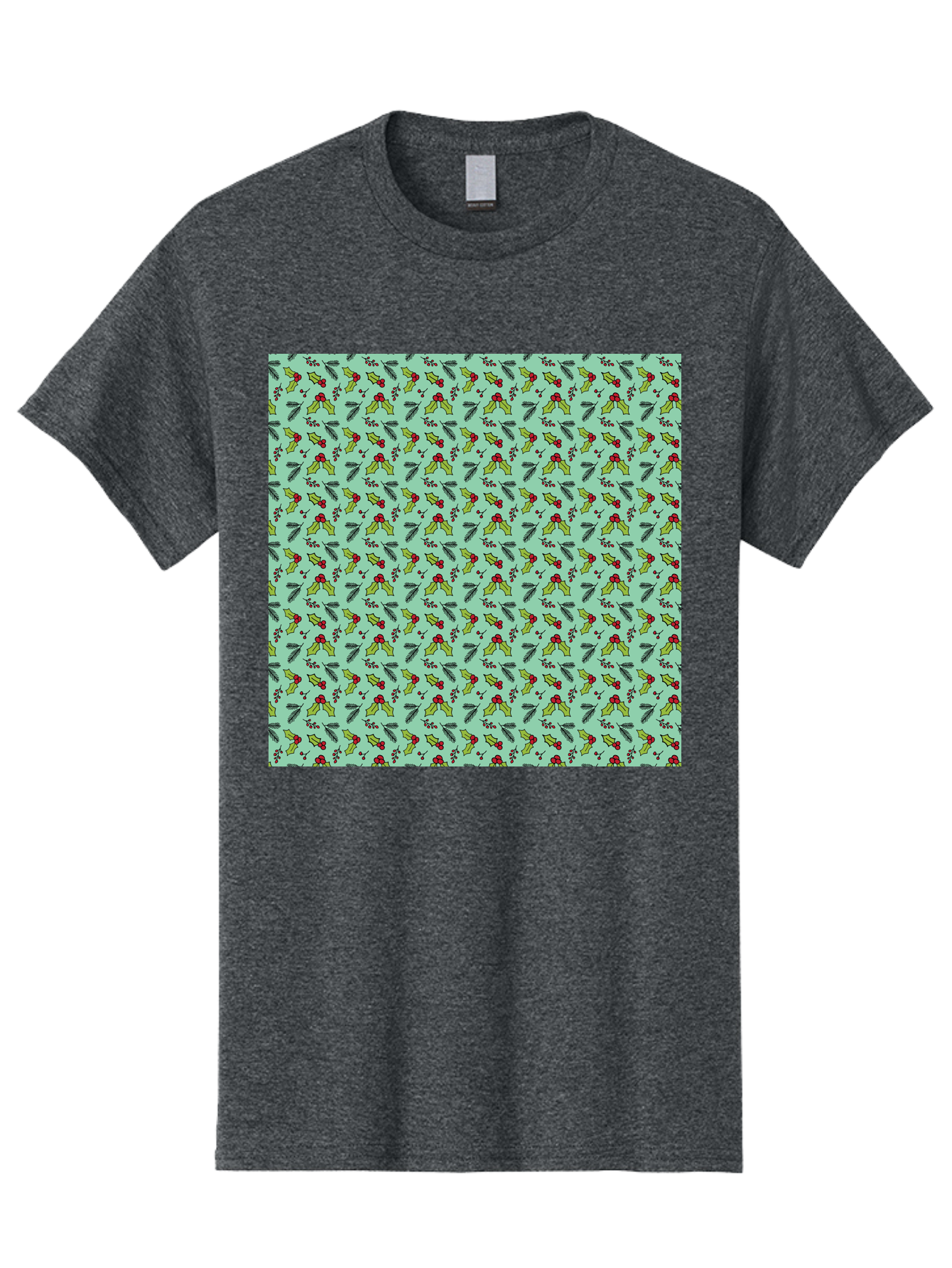 Poinsettia-Pattern Men'S Graphic Tee, 100% Cotton, Comfortable Casual Summer Wear, Machine Washable, Holly Leaves, Red Berries, Festive Design, Holiday Pattern, Seamless Texture, Green Leaves, Christmas Decor, Winter Theme, Joyful Atmosphere Aab050