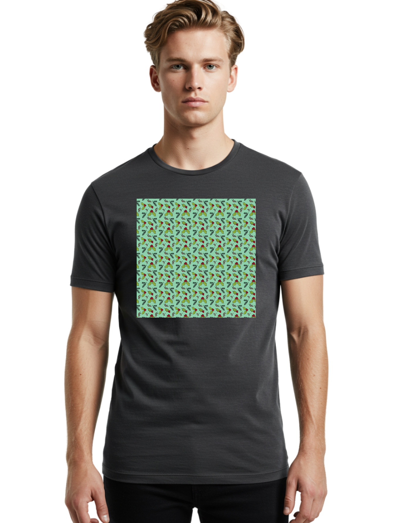 Poinsettia-Pattern Men'S Graphic Tee, 100% Cotton, Comfortable Casual Summer Wear, Machine Washable, Holly Leaves, Red Berries, Festive Design, Holiday Pattern, Seamless Texture, Green Leaves, Christmas Decor, Winter Theme, Joyful Atmosphere Aab050
