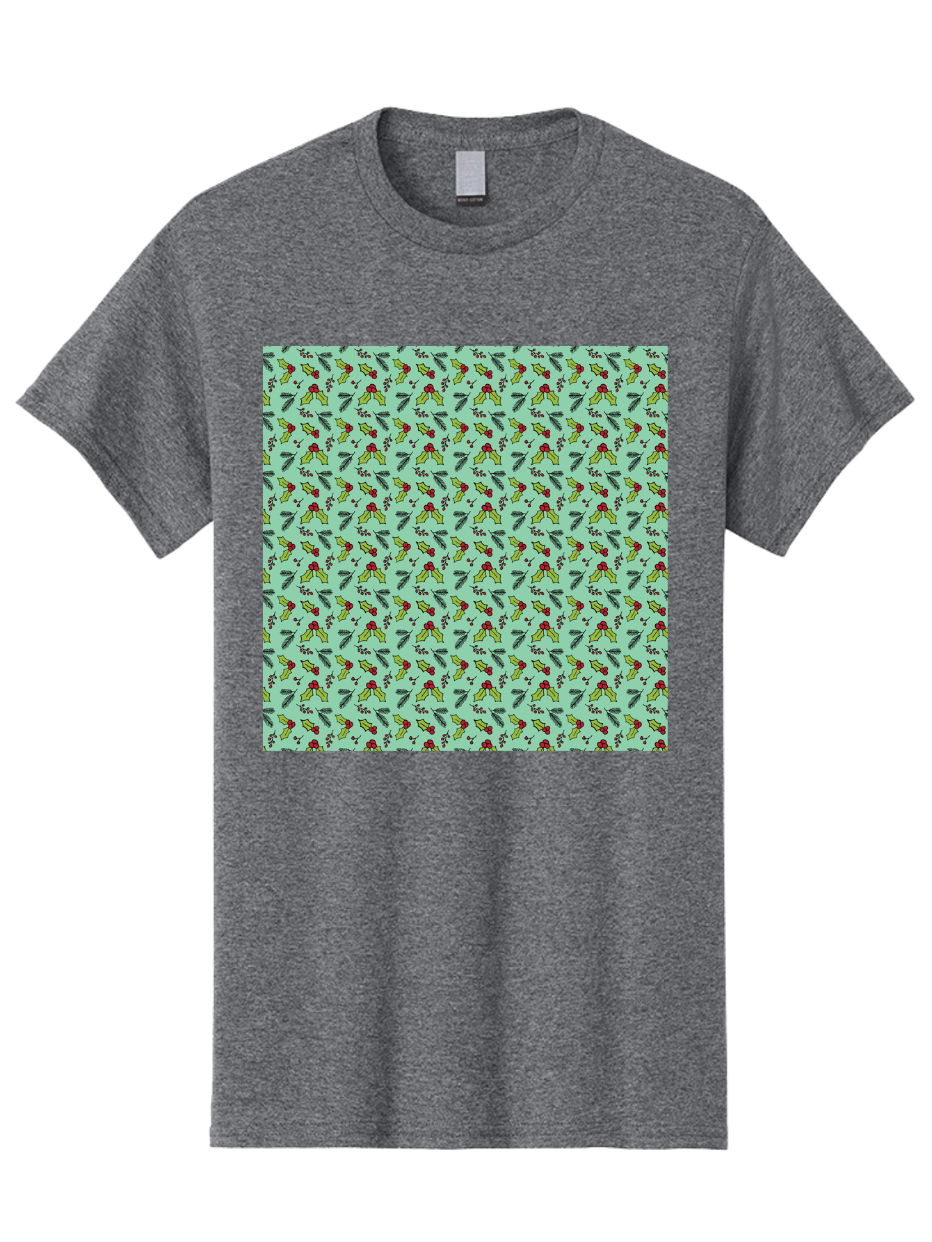Poinsettia-Pattern Men'S Graphic Tee, 100% Cotton, Comfortable Casual Summer Wear, Machine Washable, Holly Leaves, Red Berries, Festive Design, Holiday Pattern, Seamless Texture, Green Leaves, Christmas Decor, Winter Theme, Joyful Atmosphere Aab050