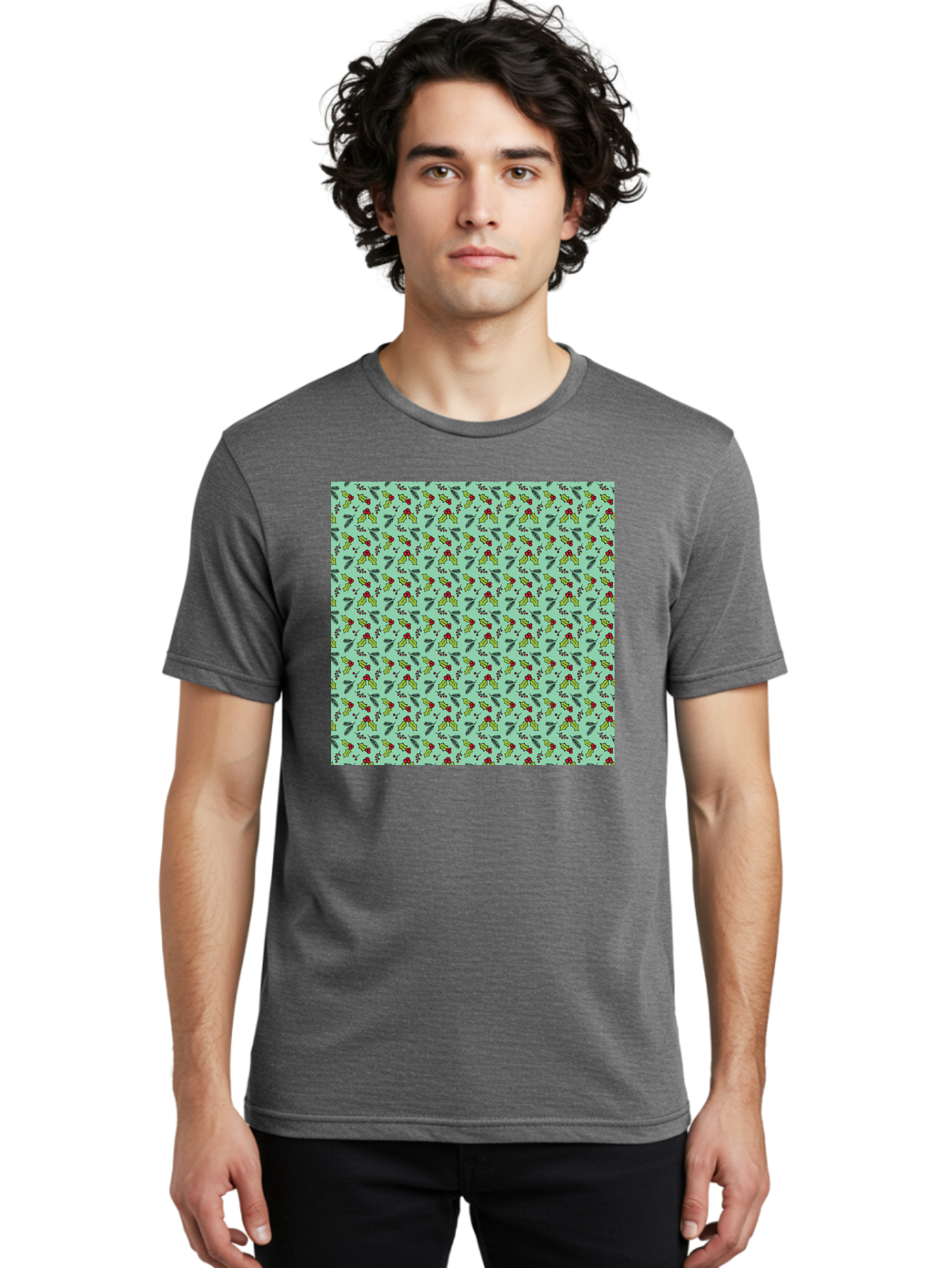 Poinsettia-Pattern Men'S Graphic Tee, 100% Cotton, Comfortable Casual Summer Wear, Machine Washable, Holly Leaves, Red Berries, Festive Design, Holiday Pattern, Seamless Texture, Green Leaves, Christmas Decor, Winter Theme, Joyful Atmosphere Aab050