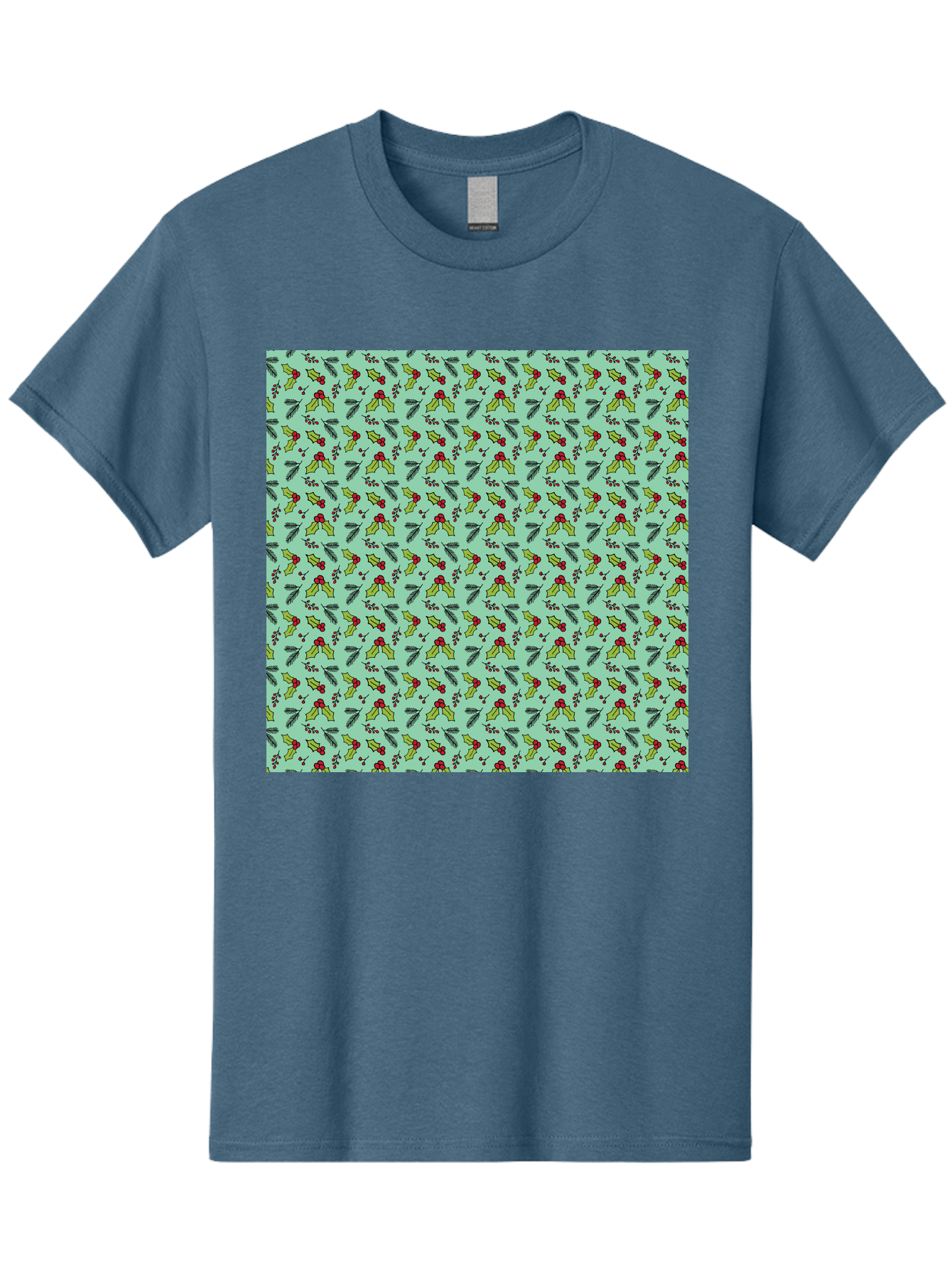 Poinsettia-Pattern Men'S Graphic Tee, 100% Cotton, Comfortable Casual Summer Wear, Machine Washable, Holly Leaves, Red Berries, Festive Design, Holiday Pattern, Seamless Texture, Green Leaves, Christmas Decor, Winter Theme, Joyful Atmosphere Aab050