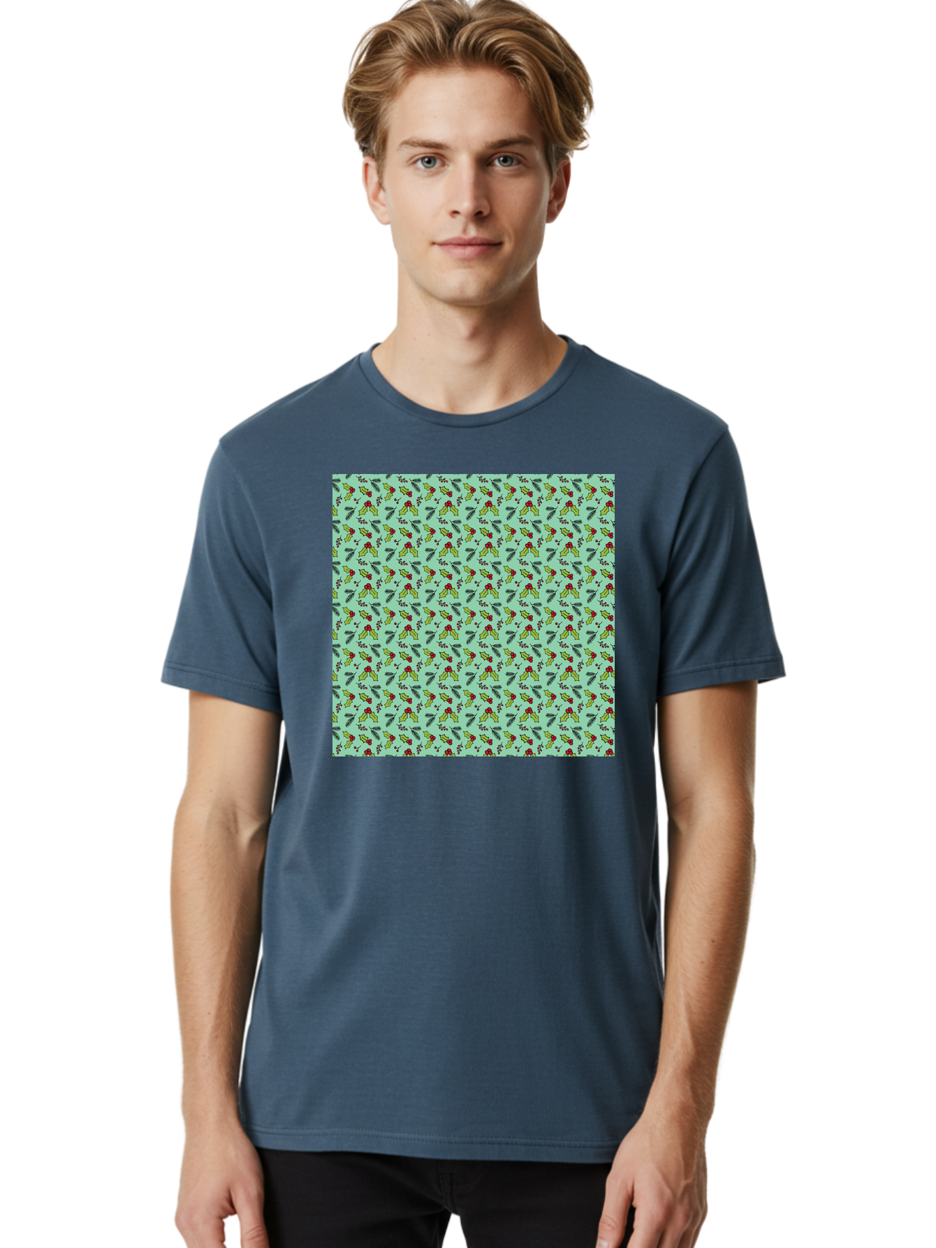 Poinsettia-Pattern Men'S Graphic Tee, 100% Cotton, Comfortable Casual Summer Wear, Machine Washable, Holly Leaves, Red Berries, Festive Design, Holiday Pattern, Seamless Texture, Green Leaves, Christmas Decor, Winter Theme, Joyful Atmosphere Aab050