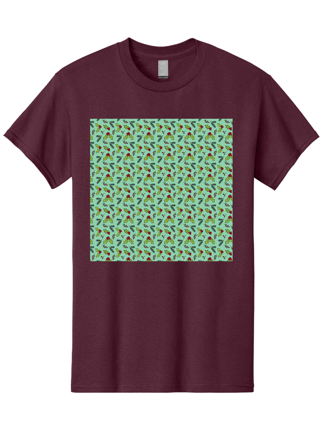 Poinsettia-Pattern Men'S Graphic Tee, 100% Cotton, Comfortable Casual Summer Wear, Machine Washable, Holly Leaves, Red Berries, Festive Design, Holiday Pattern, Seamless Texture, Green Leaves, Christmas Decor, Winter Theme, Joyful Atmosphere Aab050