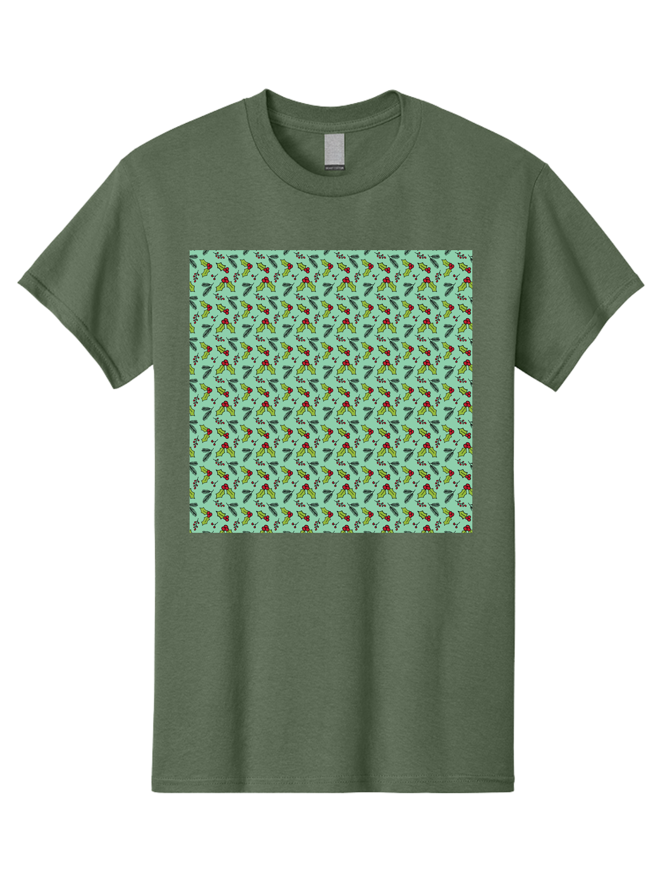 Poinsettia-Pattern Men'S Graphic Tee, 100% Cotton, Comfortable Casual Summer Wear, Machine Washable, Holly Leaves, Red Berries, Festive Design, Holiday Pattern, Seamless Texture, Green Leaves, Christmas Decor, Winter Theme, Joyful Atmosphere Aab050