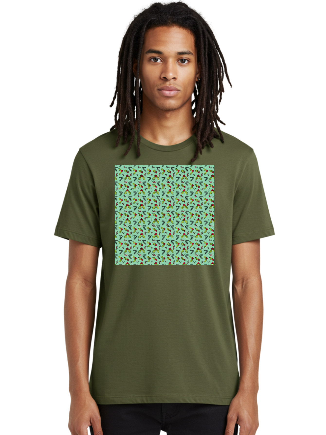 Poinsettia-Pattern Men'S Graphic Tee, 100% Cotton, Comfortable Casual Summer Wear, Machine Washable, Holly Leaves, Red Berries, Festive Design, Holiday Pattern, Seamless Texture, Green Leaves, Christmas Decor, Winter Theme, Joyful Atmosphere Aab050