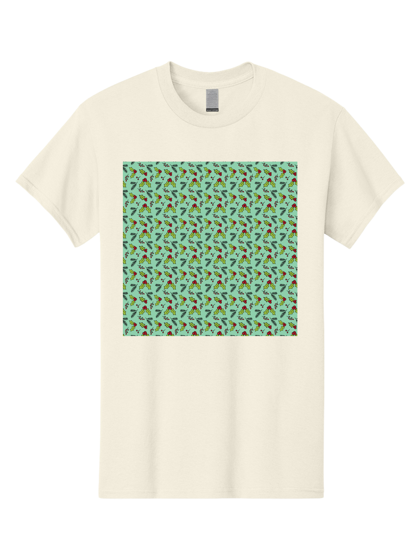 Poinsettia-Pattern Men'S Graphic Tee, 100% Cotton, Comfortable Casual Summer Wear, Machine Washable, Holly Leaves, Red Berries, Festive Design, Holiday Pattern, Seamless Texture, Green Leaves, Christmas Decor, Winter Theme, Joyful Atmosphere Aab050