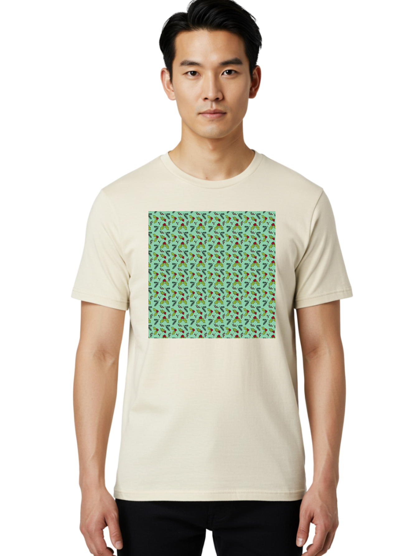 Poinsettia-Pattern Men'S Graphic Tee, 100% Cotton, Comfortable Casual Summer Wear, Machine Washable, Holly Leaves, Red Berries, Festive Design, Holiday Pattern, Seamless Texture, Green Leaves, Christmas Decor, Winter Theme, Joyful Atmosphere Aab050