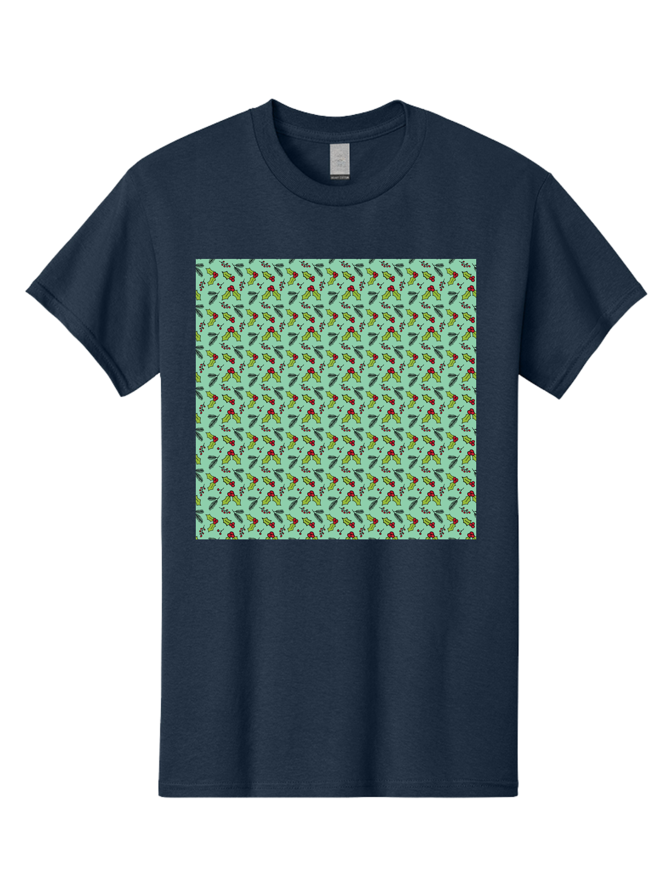 Poinsettia-Pattern Men'S Graphic Tee, 100% Cotton, Comfortable Casual Summer Wear, Machine Washable, Holly Leaves, Red Berries, Festive Design, Holiday Pattern, Seamless Texture, Green Leaves, Christmas Decor, Winter Theme, Joyful Atmosphere Aab050